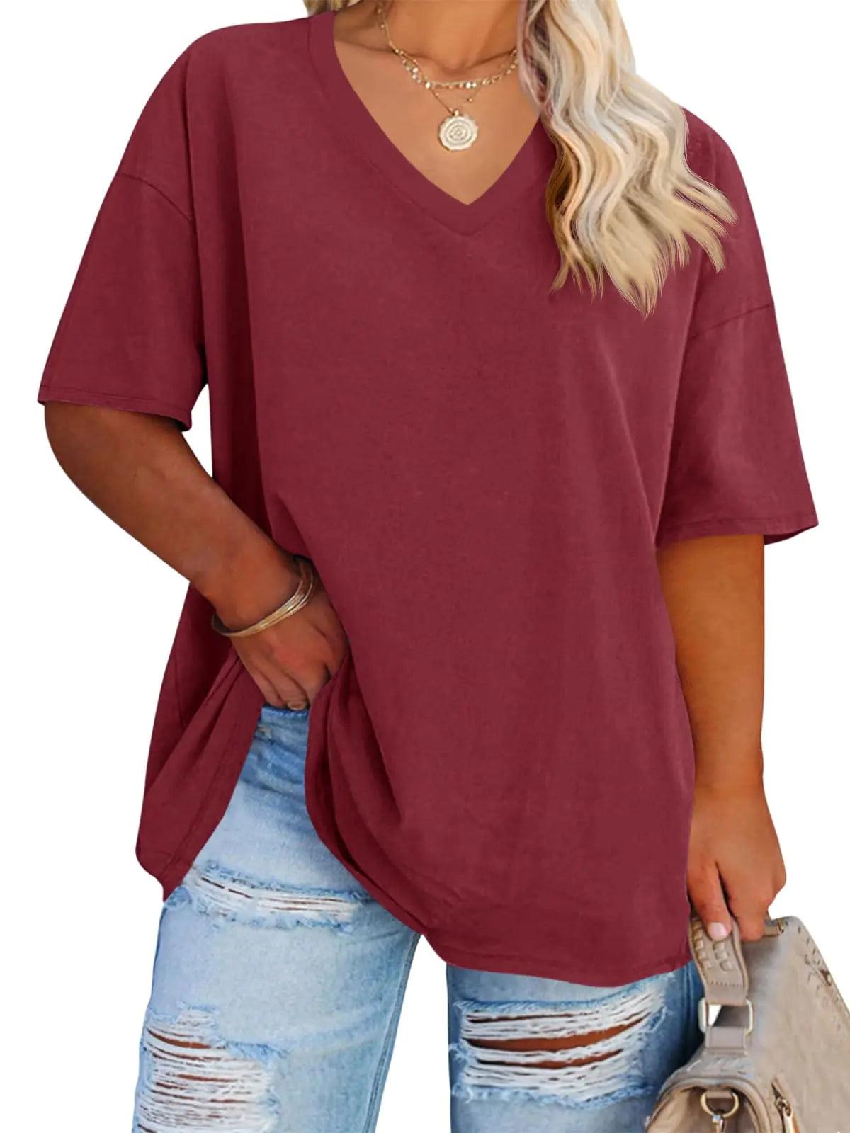 Women's Plus Size V Neck T Shirts Summer Half Sleeve Tees Casual Loose Fit Cotton Tunic Tops XX-Large Plus Khaki - Evallys.com