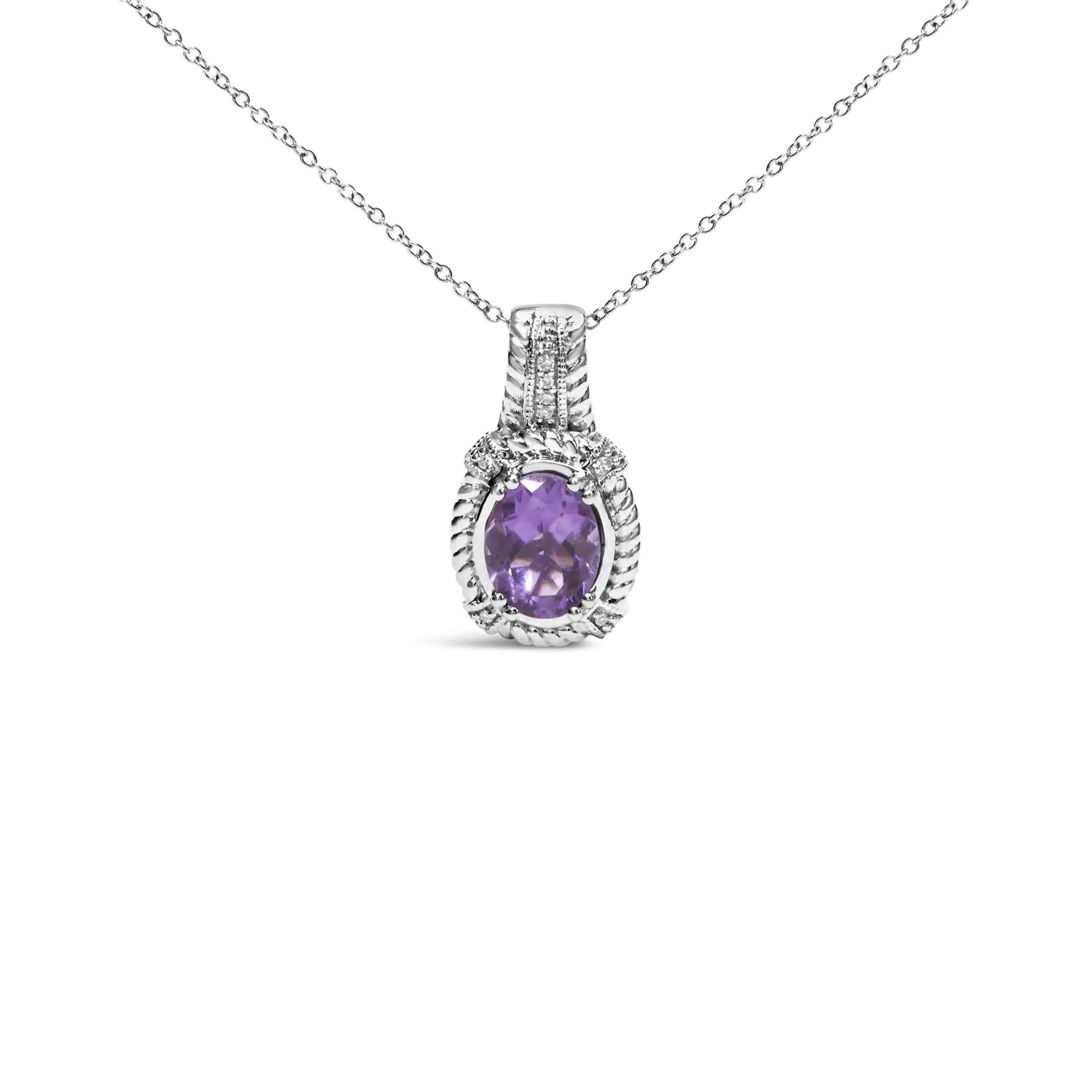 .925 Sterling Silver 9x7mm Oval Purple Amethyst and Round Diamond Accent Fashion Drop Pendant 18 Inch Necklace (I-J Color, I1-I2 Clarity) - Evallys.com # #