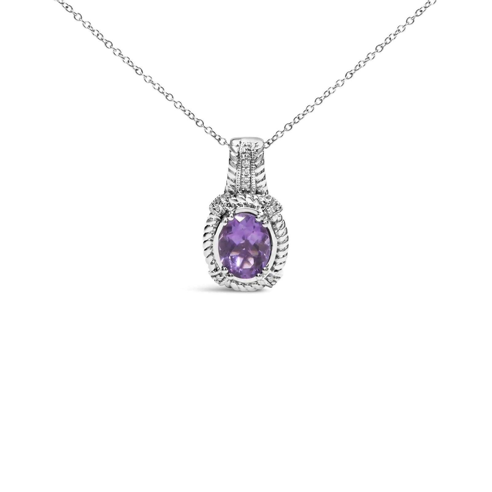 .925 Sterling Silver 9x7mm Oval Purple Amethyst and Round Diamond Accent Fashion Drop Pendant 18 Inch Necklace (I-J Color, I1-I2 Clarity) - Evallys.com # #