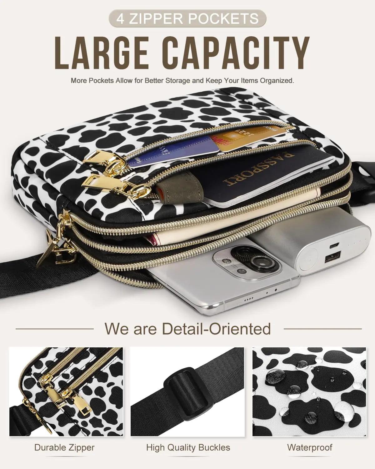 Capolo Fanny Packs for Women Fashion Waist Packs Bag with Adjustable Strap and 4 Zipper Pockets Waterproof Everywhere Crossbody Belt Bag for Workout Running Travelling(Cow Print) Medium Cow Print - Evallys.com # #