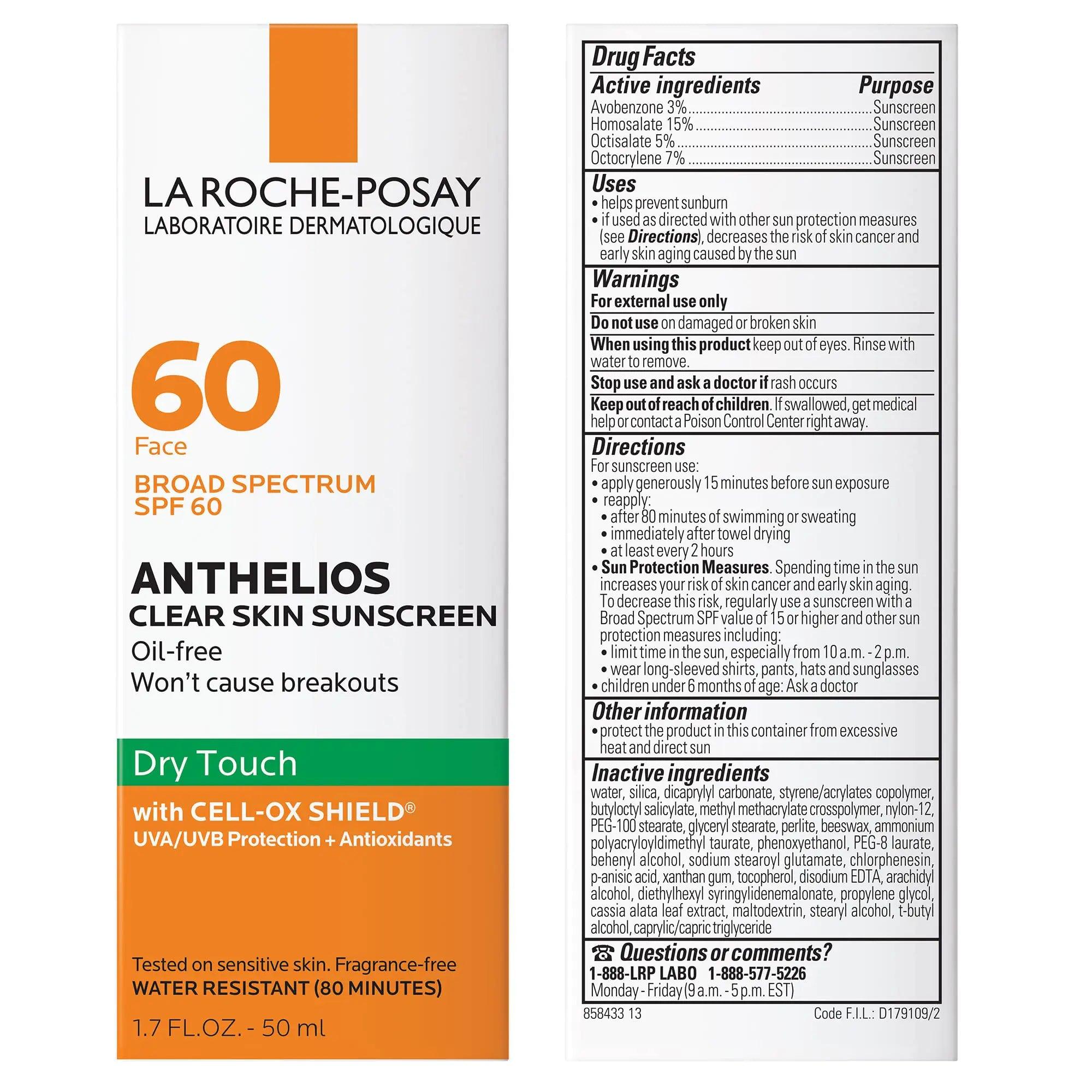 La Roche-Posay Anthelios Clear Skin Sunscreen Dry Touch SPF 60 | Oil Free Sunscreen For Face | Oil Absorbing | Broad Spectrum SPF + Antioxidants | Non-Greasy | Oxybenzone Free | Travel Size Sunscreen 1.7 Fl Oz (Pack of 1) - Evallys.com # #