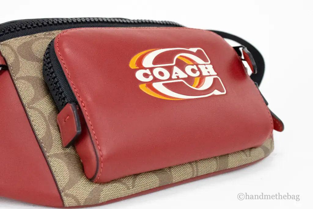 Coach Track Colorblock Khaki Red Leather Stamp Belt Bag - Evallys.com # #