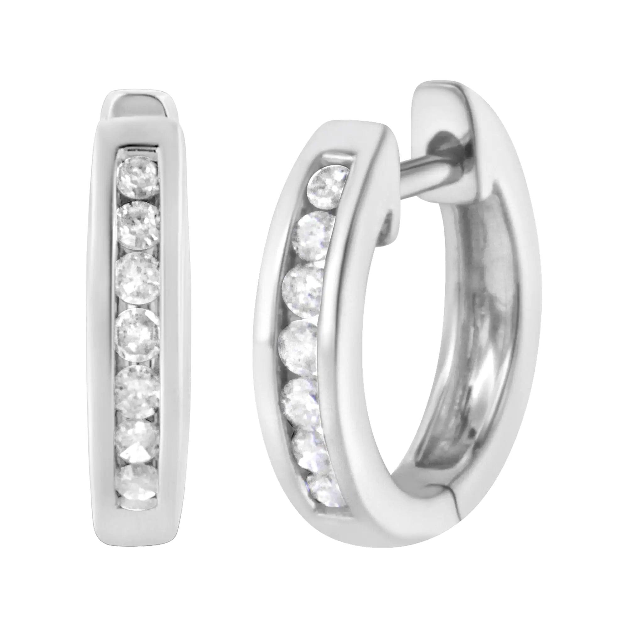 10K White Gold 1/4 cttw Channel Set Round-Cut Diamond Hoop Earrings (I-J Color, I3 Clarity) - Evallys.com # #