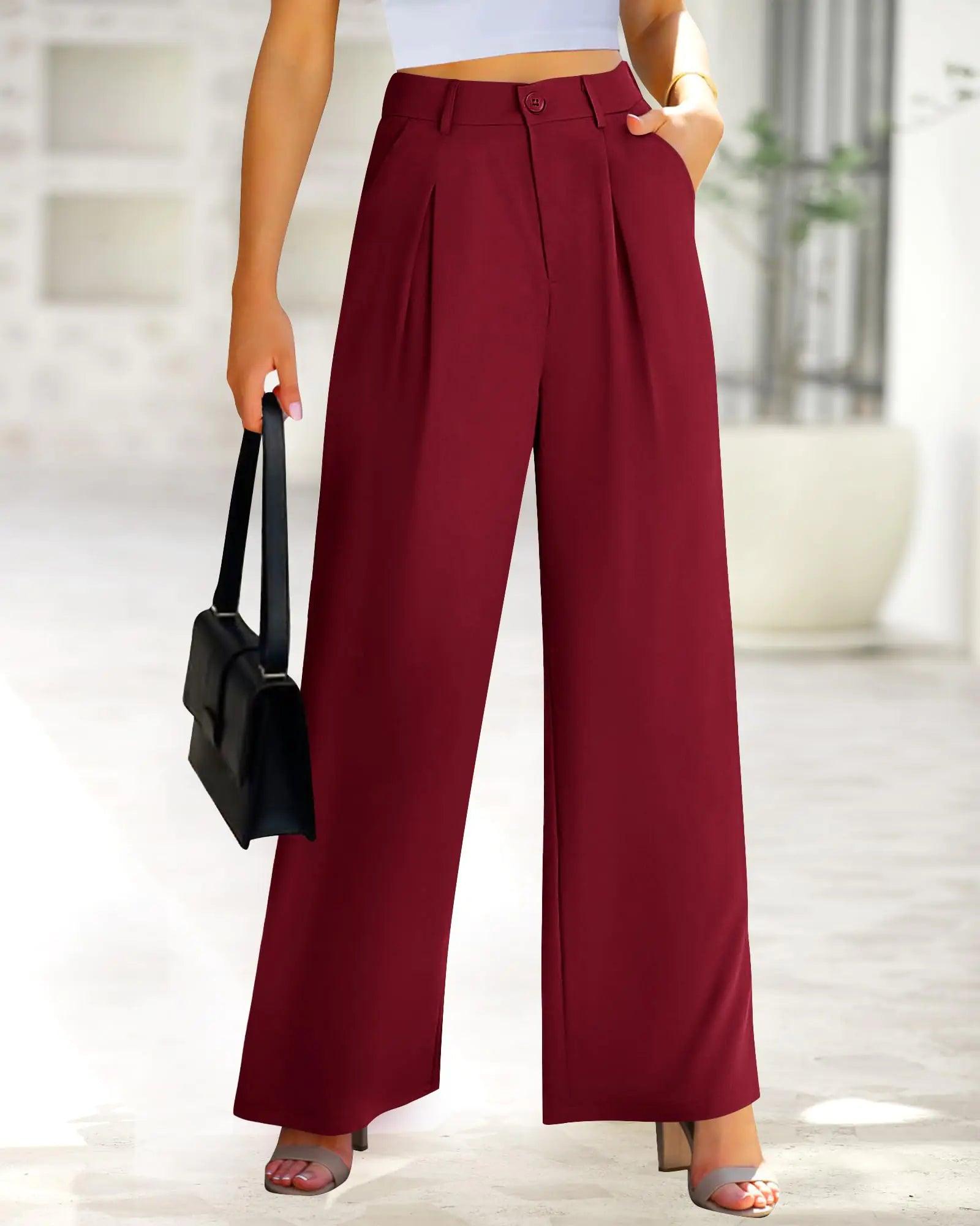 BTFBM Women High Waist Casual Wide Leg Long Palazzo Pants Button Down Loose Business Work Office Trousers with Pockets Medium Solid Wine Red - Evallys.com # #