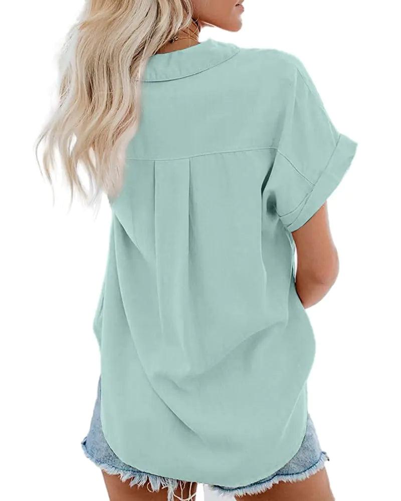 Womens Short Sleeve Casual Button Down Shirts Summer Soft Fashion Cotton Blouses Tops with Pocket Small Teal - Evallys.com # #