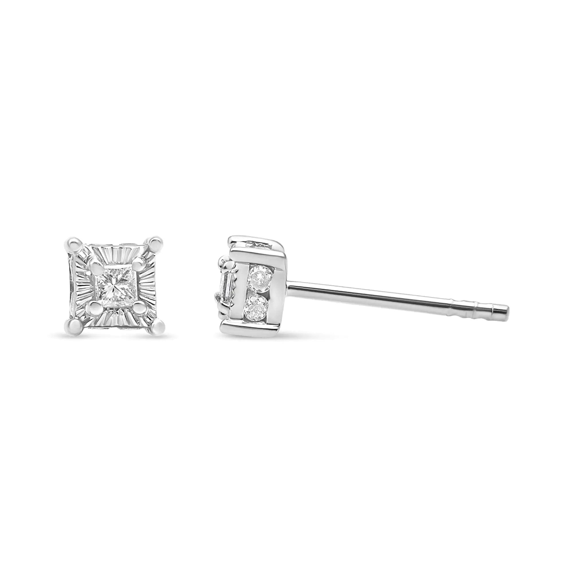 .925 Sterling Silver 1/4 Cttw Miracle Set Princess-Cut Diamond Solitaire Stud Earrings with Hidden Halo (I-J Color, SI2-I1 Clarity) - Evallys.com # #