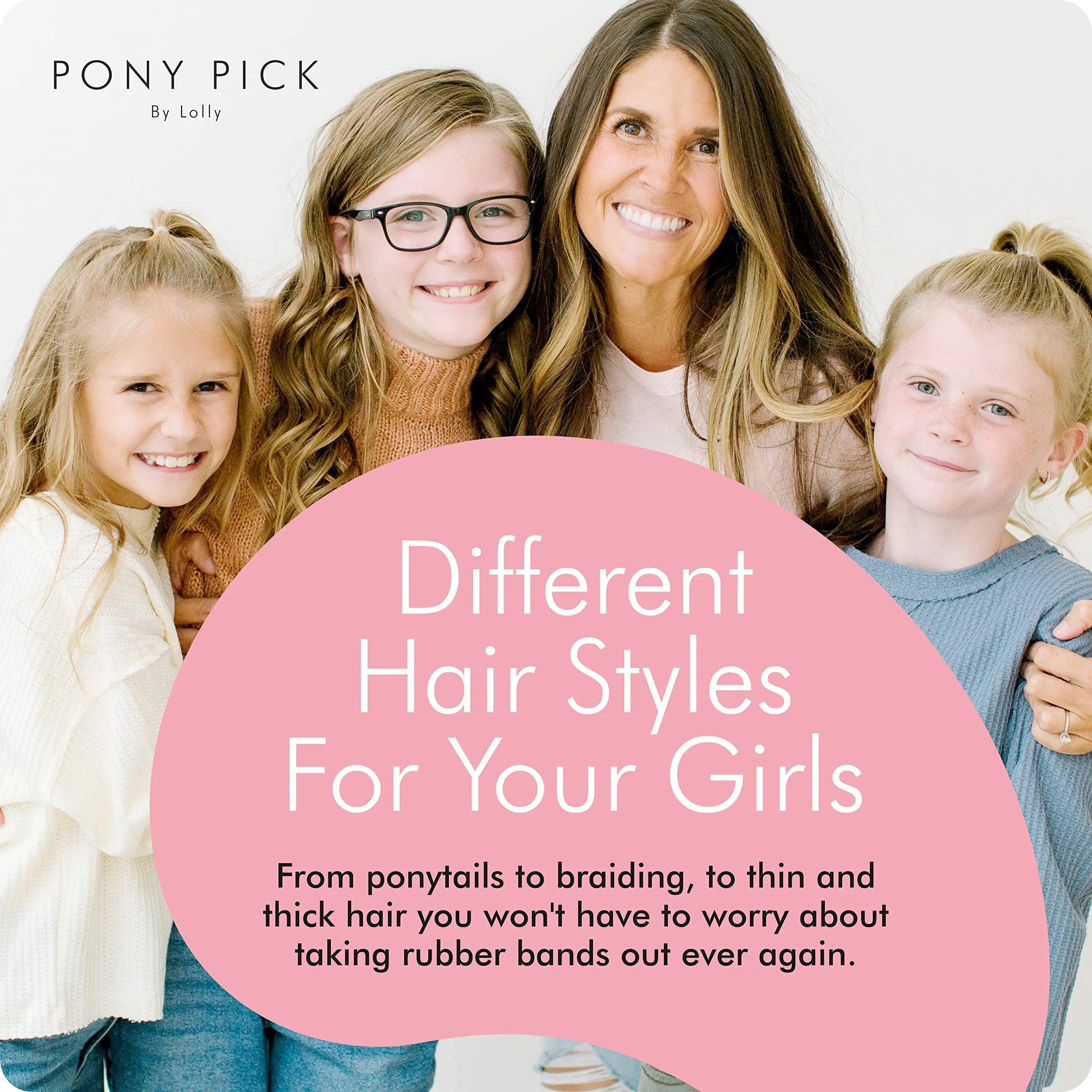 THE PONY PICK Hair Elastic Rubber Bands Cutter - Easy To Use, Pain-Free, No Hair Damage - Ponytail Tool for Kids & Toddlers (3 Packs & 50 Brown Elastics) - Evallys.com # #