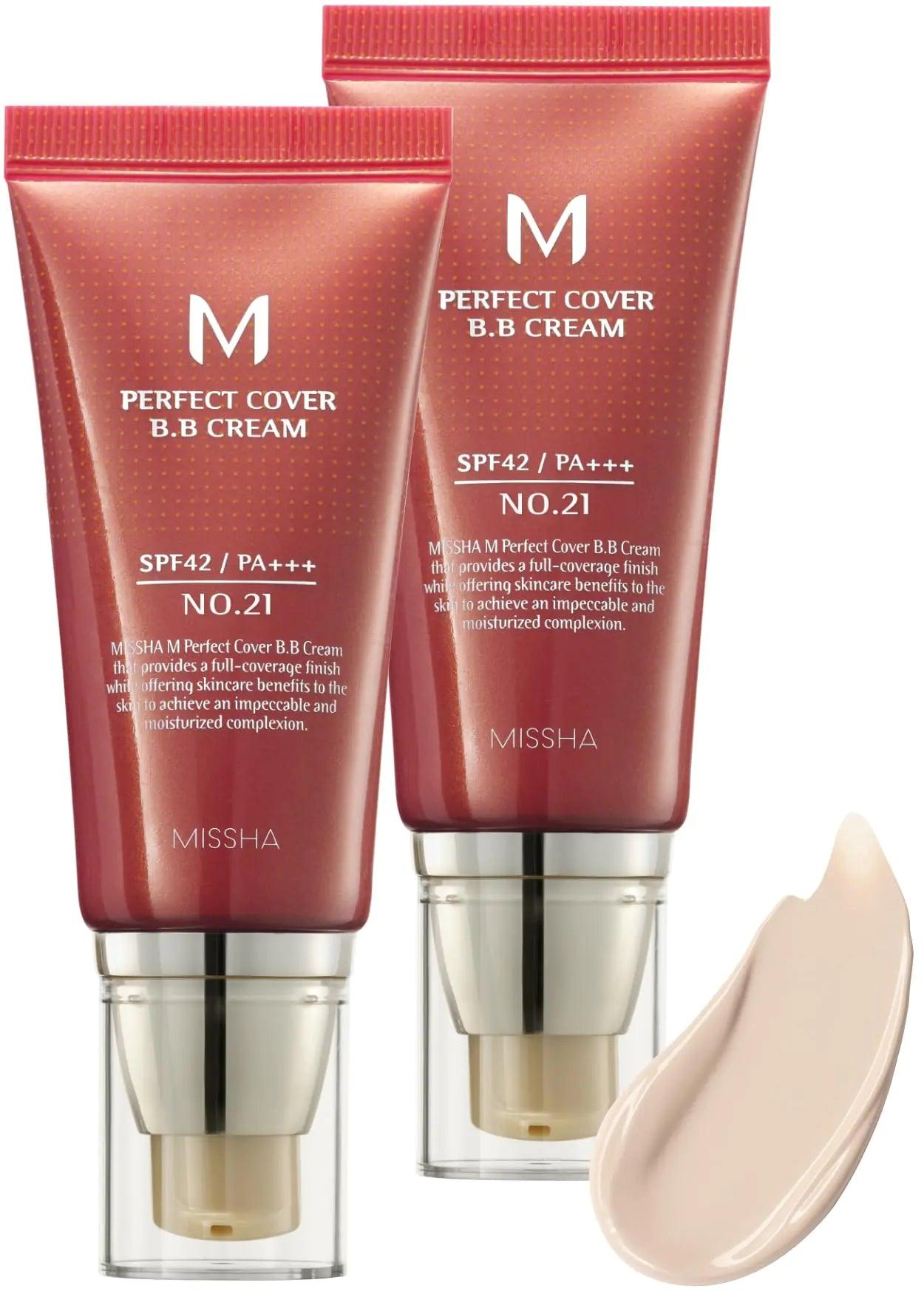 MISSHA M Perfect BB Cream No.21 (2 Pack) Light Beige for Bright Skin SPF 42 PA +++ 1.69 Fl Oz - Tinted Moisturizer for face with SPF 1.69 Fl Oz (Pack of 2) No.21 (Light Beige) - Evallys.com # #