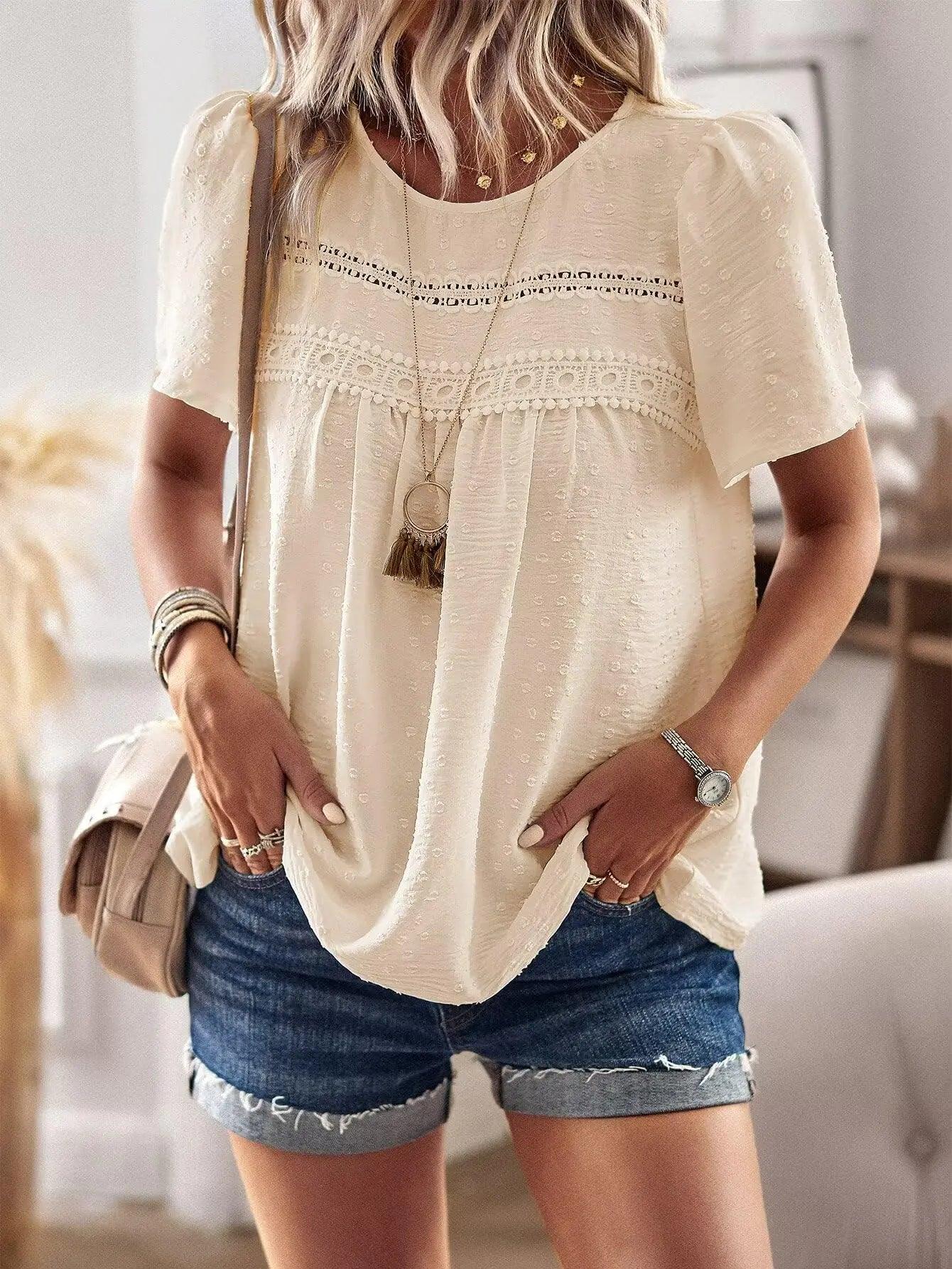 Womens Summer Tops Crewneck Short Sleeve Shirts Casual Chiffon Blouses Flowy Lace Hem Boho Clothing Trendy 2024 XX-Large Apricot - Evallys.com # #