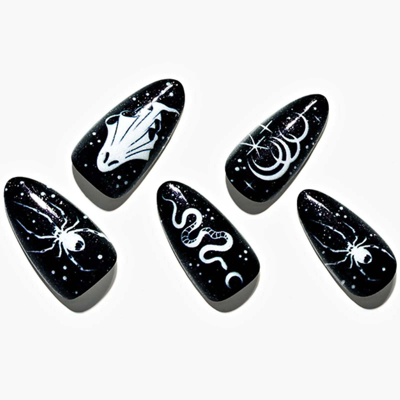 GLAMERMAID Press on Nails Medium Almond, Halloween Gothic Black Glue on Nails with Snake and Spider, 24 Pcs Stiletto Acrylic False Nails Kits Reusable Full Cover Stick on Nails for Women Girls Reptile Royalty - Evallys.com # #