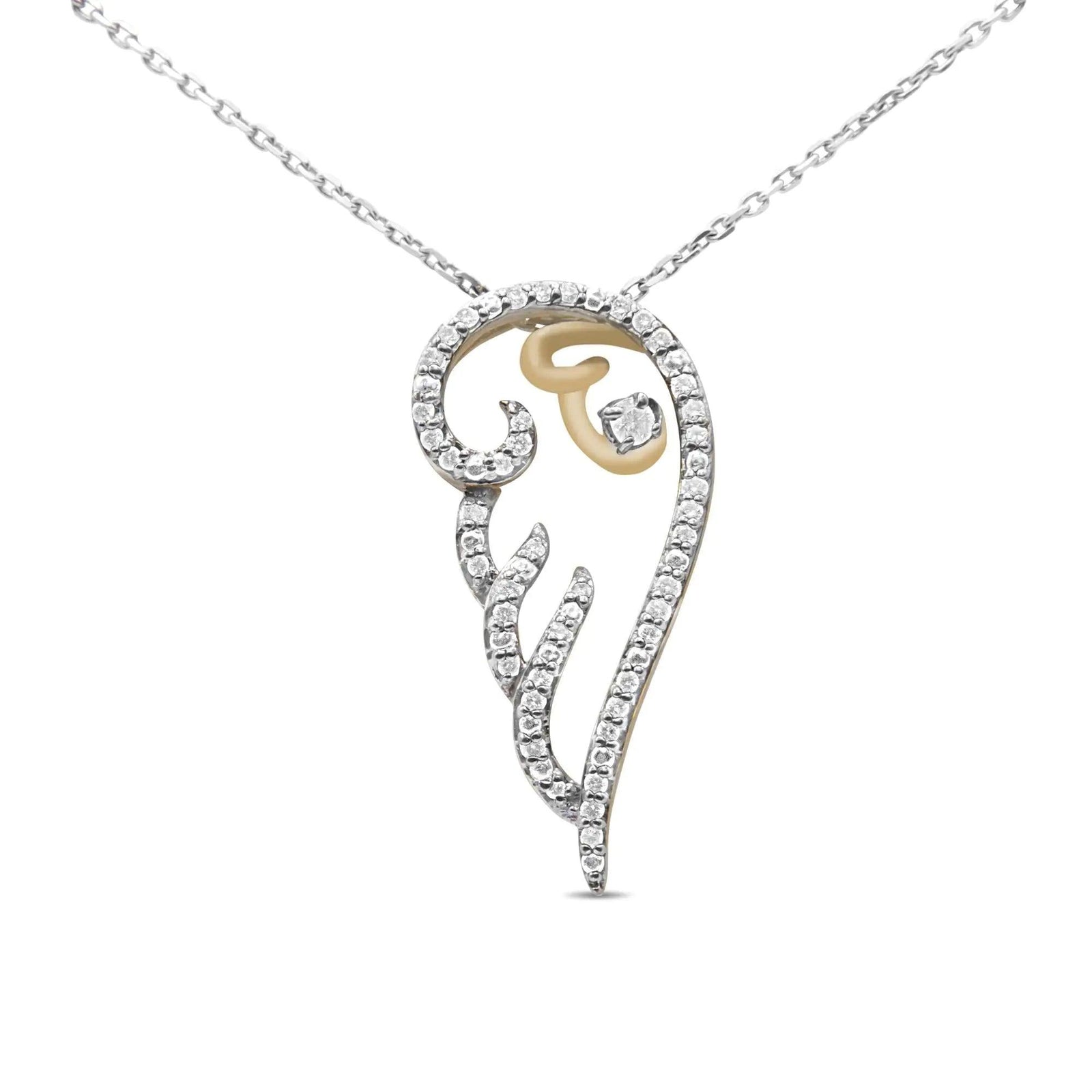 Yellow Plated Sterling Silver Diamond Angel Wing Pendant Necklace (1/4 cttw, H-I Color, I1-I2 Clarity) - Evallys.com # #