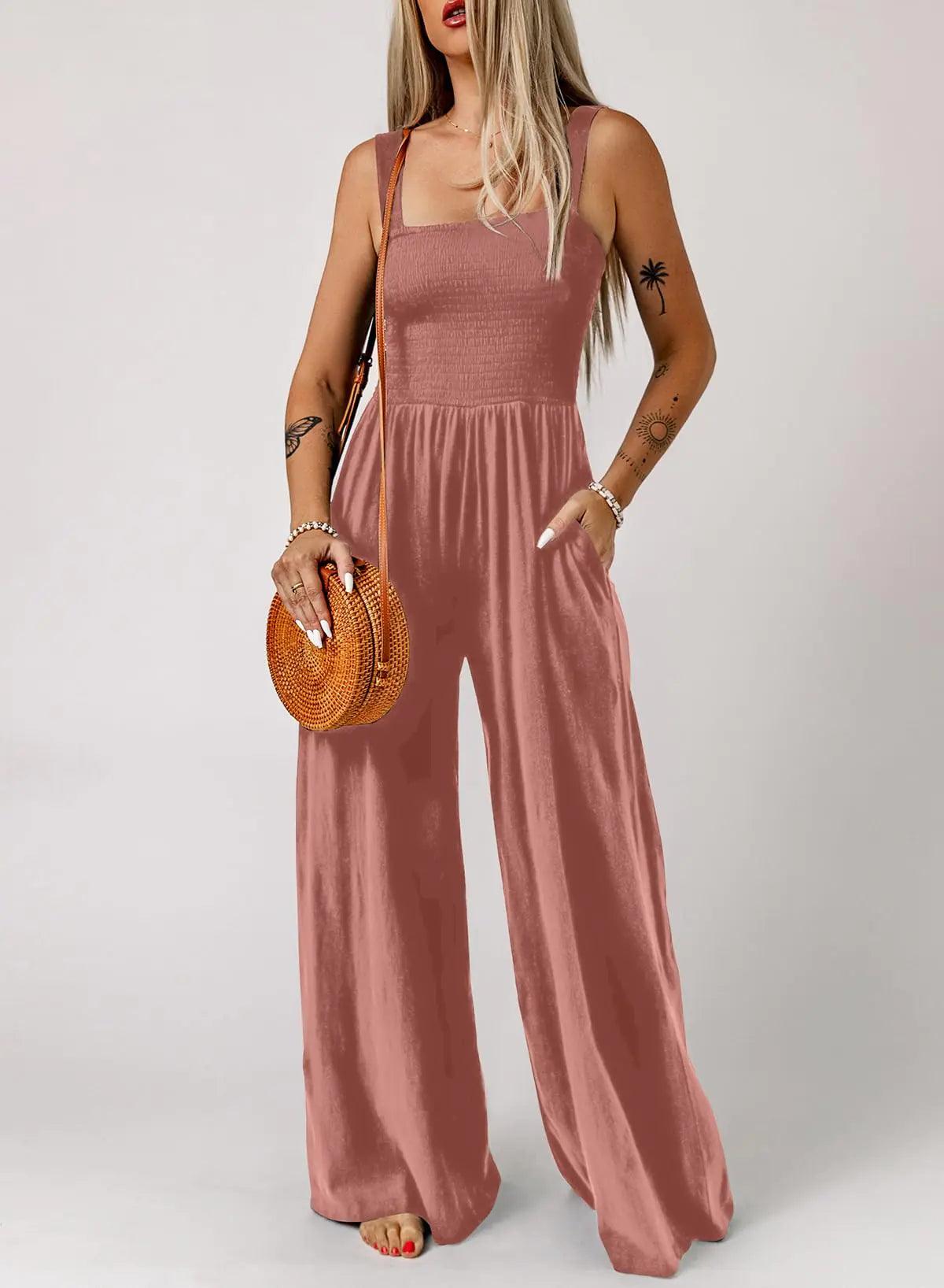 Dokotoo Women's Casual Loose Overalls Jumpsuits One Piece Sleeveless Wide Leg Long Pant Rompers With Pockets X-Small Rose Pink - Evallys.com # #