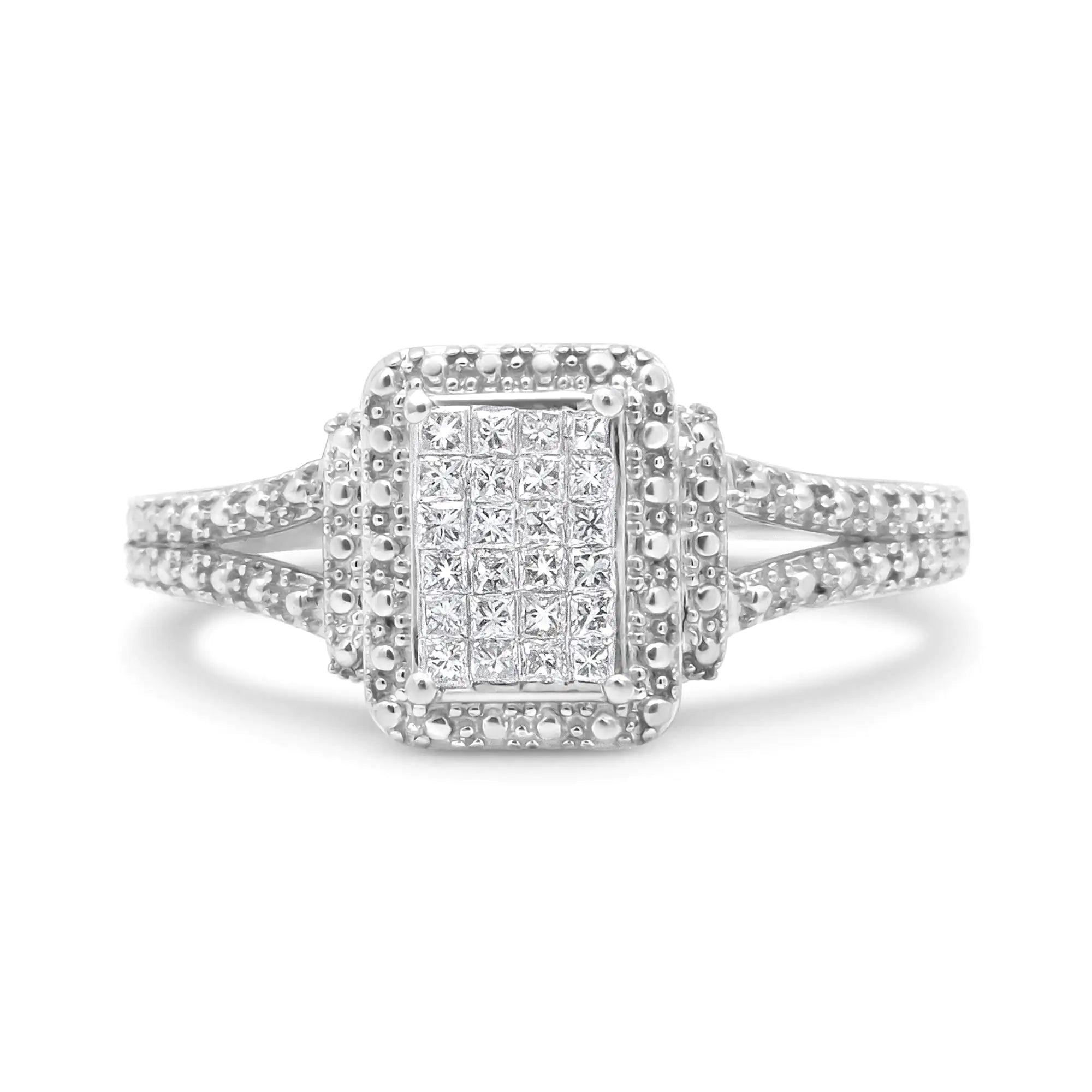 .925 Sterling Silver 1/4 Cttw Princess-cut Diamond Composite Engagement Ring with Beaded Shank (H-I Color, SI1-SI2 Clarity) - Evallys.com # #