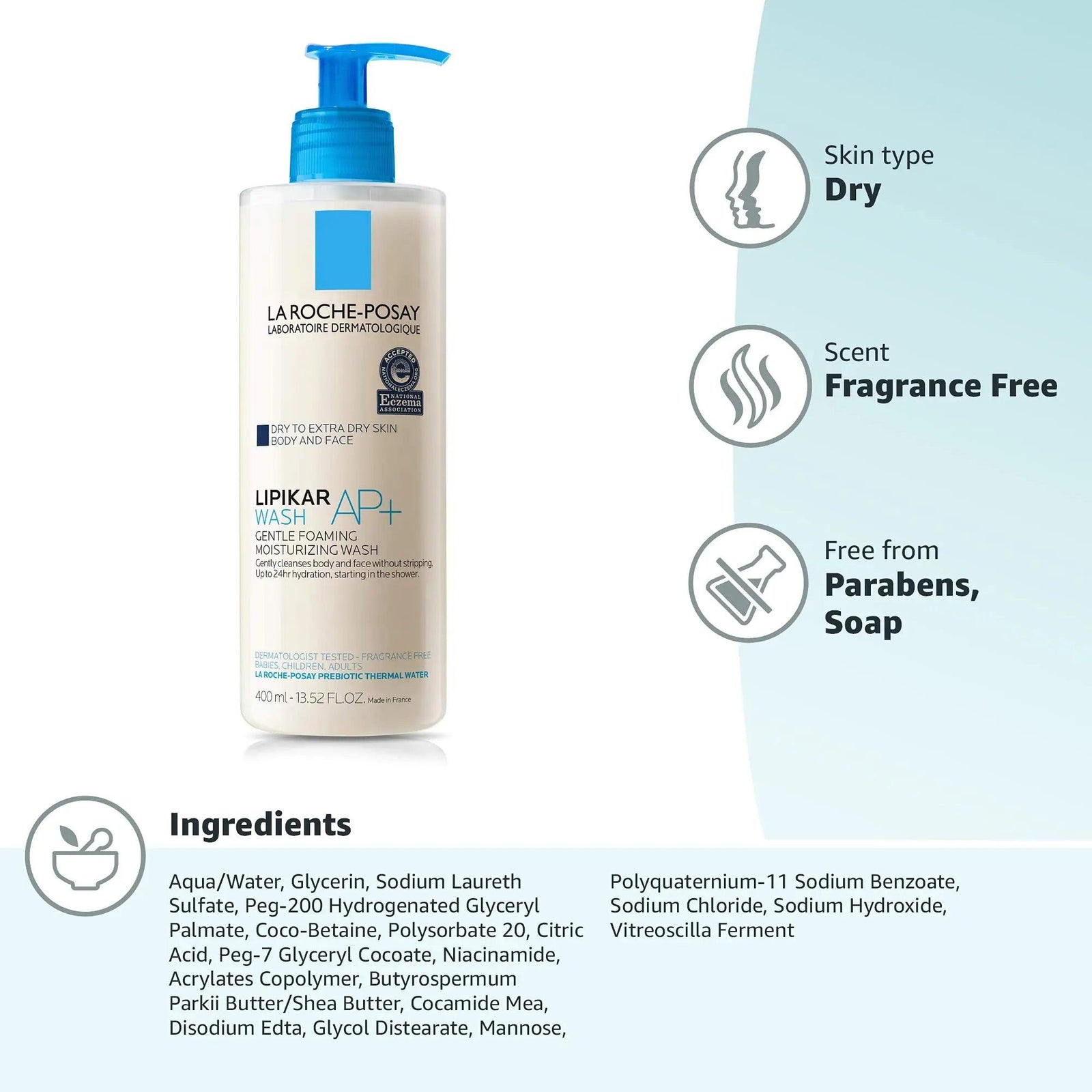 La Roche-Posay Lipikar AP+ Gentle Foaming Moisturizing Wash | Shea Butter + Niacinamide + Glycerin | Moisturizing Body Wash & Face Wash For Dry Skin | National Eczema Association Accepted | Soap Free - Evallys.com # #