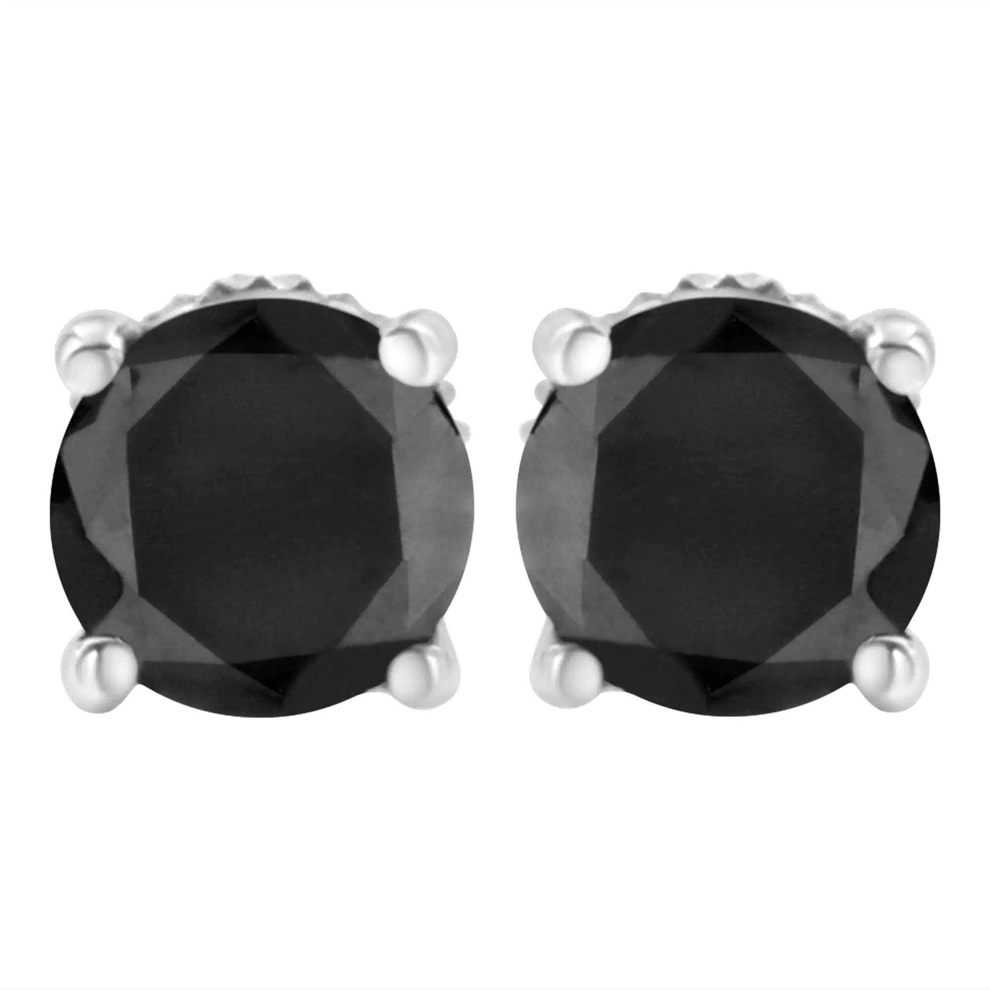 14K White Gold Round Brilliant-Cut Black Diamond Classic 4-Prong Stud Earrings with Screw Backs (Fancy Color-Enhanced, I2-I3 Clarity) - Evallys.com # #