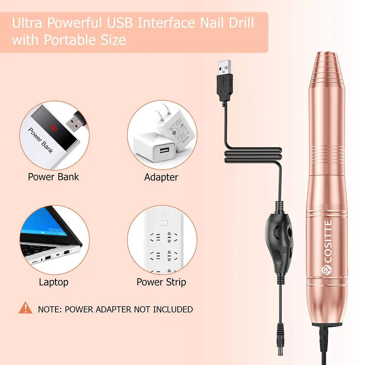 Electric Nail Drill, USB Electric Nail Drill Machine for Acrylic Nails, Portable Electrical Nail File Polishing Tool Manicure Pedicure Efile Nail Supplies for Home and Salon Use, Gold - Evallys.com # #