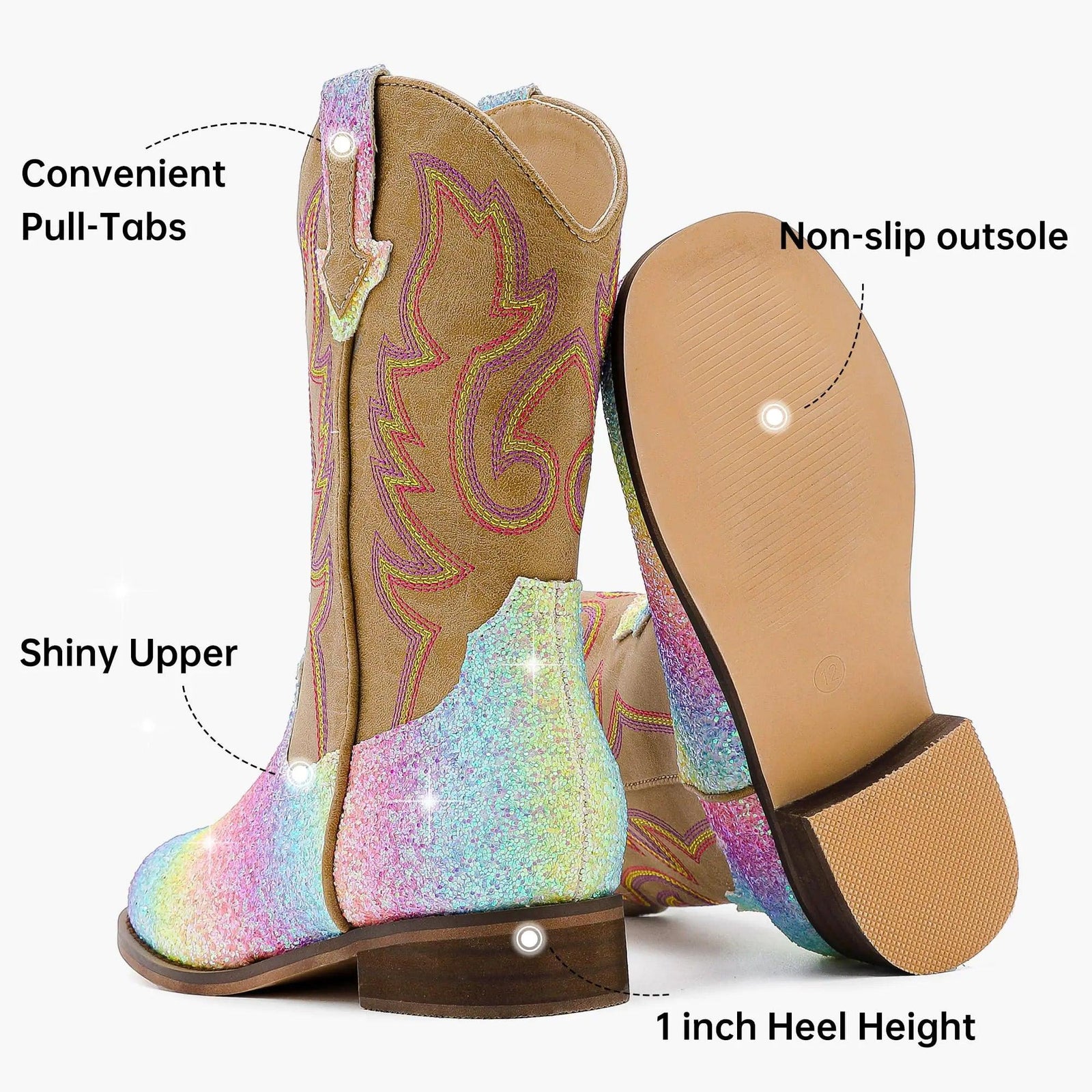 Girls Cowgirl Boots Unisex-Child Mid Calf Glitter Toddler Cowboy Boot Little Big Kids Western Riding Shoes 8 Toddler Shiny Rainbow - Evallys.com # #