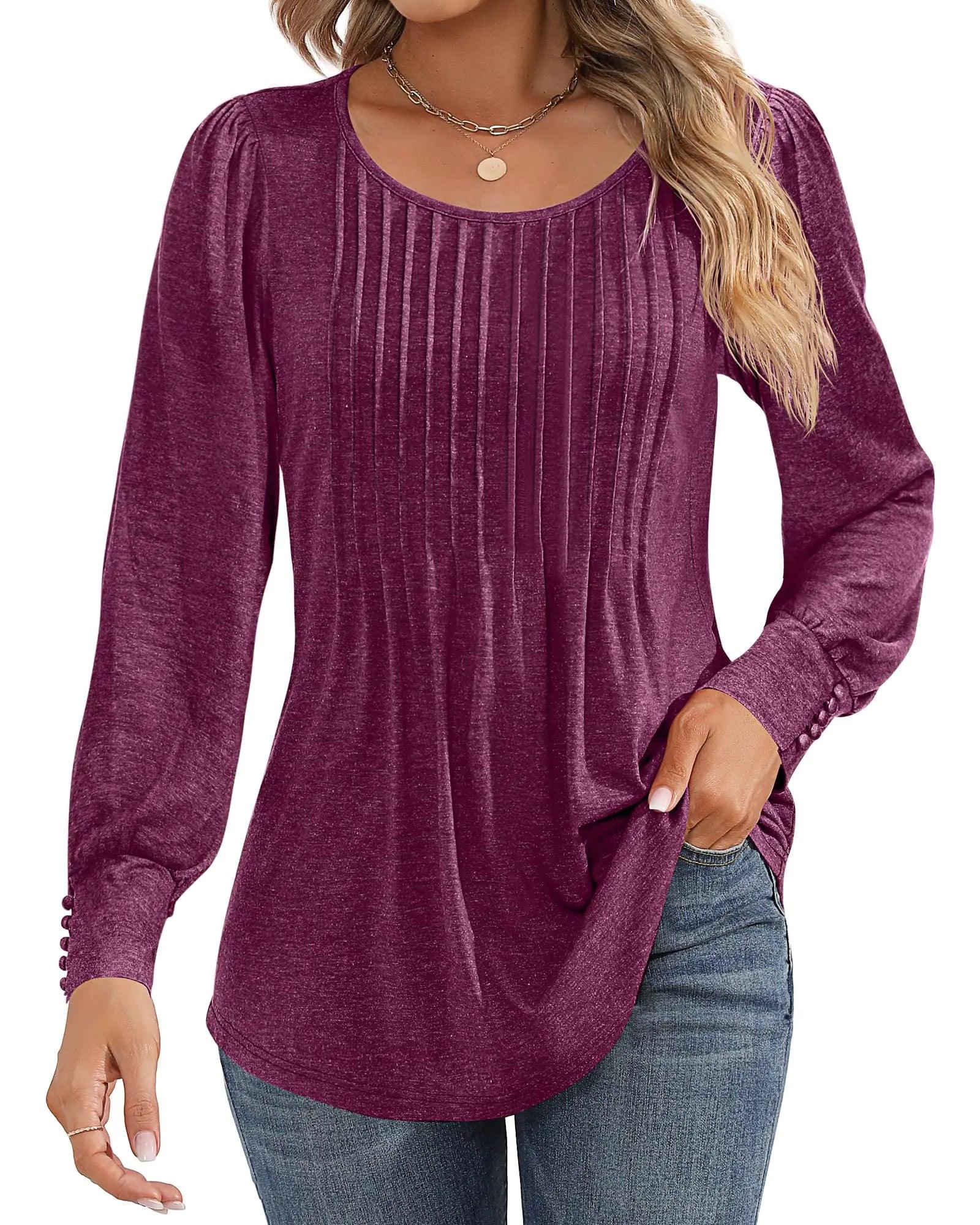 Ficerd Women's Puff Long Sleeve Tunic Tops Pleated Crew Neck Blouses Dressy Casual Loose Fit Fall and Winter Shirts Pink Floral Large - Evallys.com