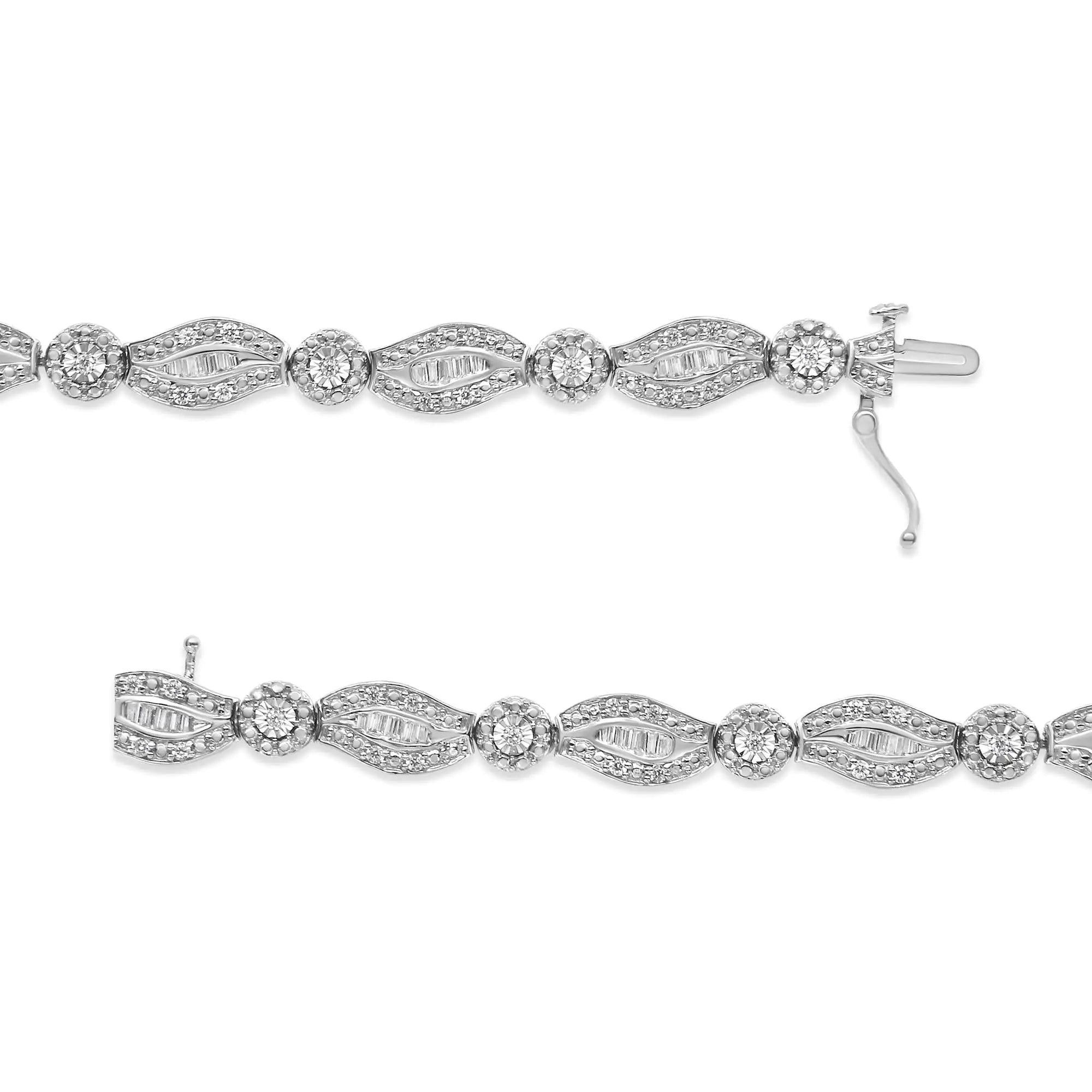 .925 Sterling Silver 1 cttw Diamond Double Leaf and Bezel Link Bracelet (I-J Clarity, I2-I3 Color) - Size 7.25" - Evallys.com # #