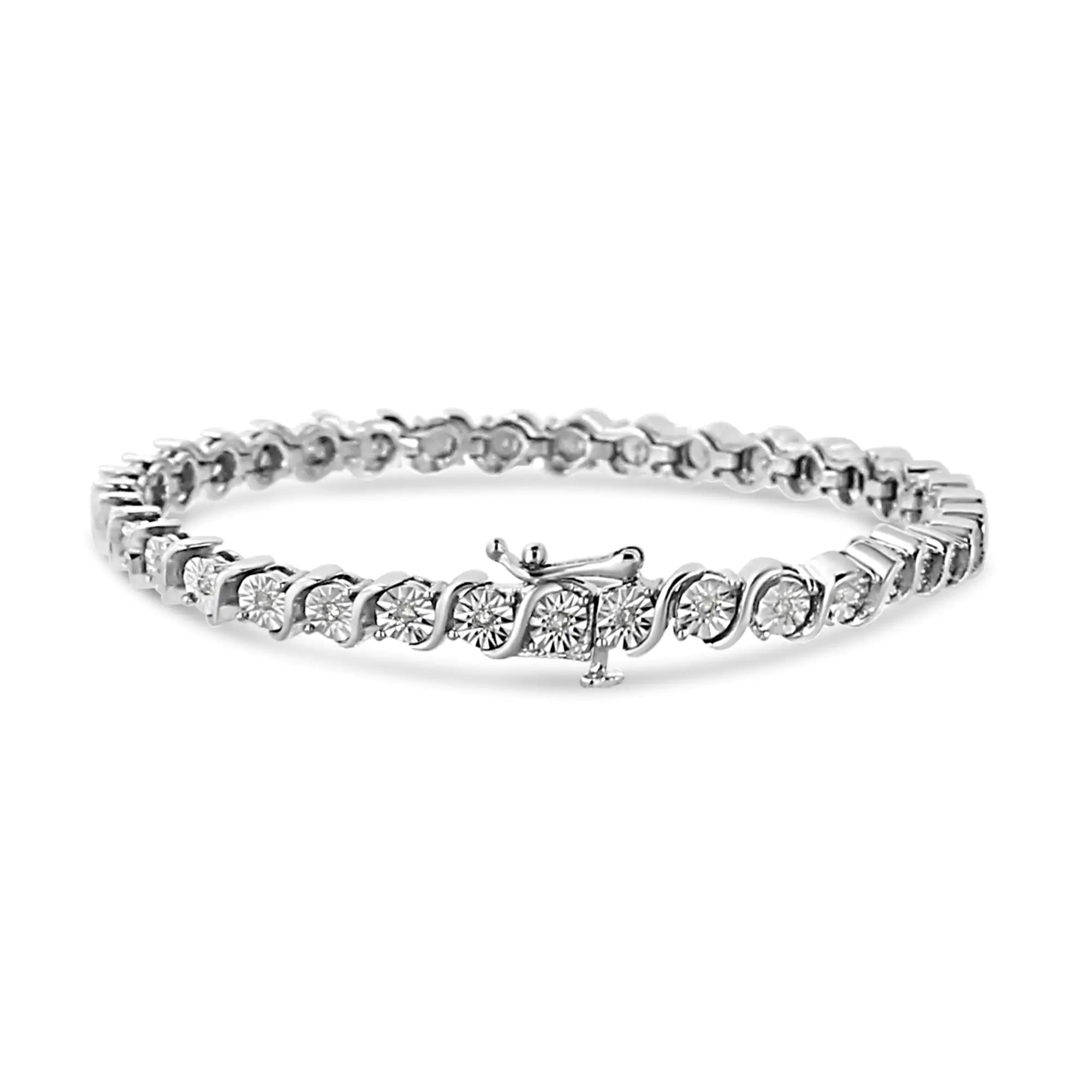 .925 Sterling Silver 1/4 Cttw Diamond Round Miracle Plate and "S" Link Tennis Bracelet (I-J Color, I2- I3 Clarity) - 7" - Evallys.com # #