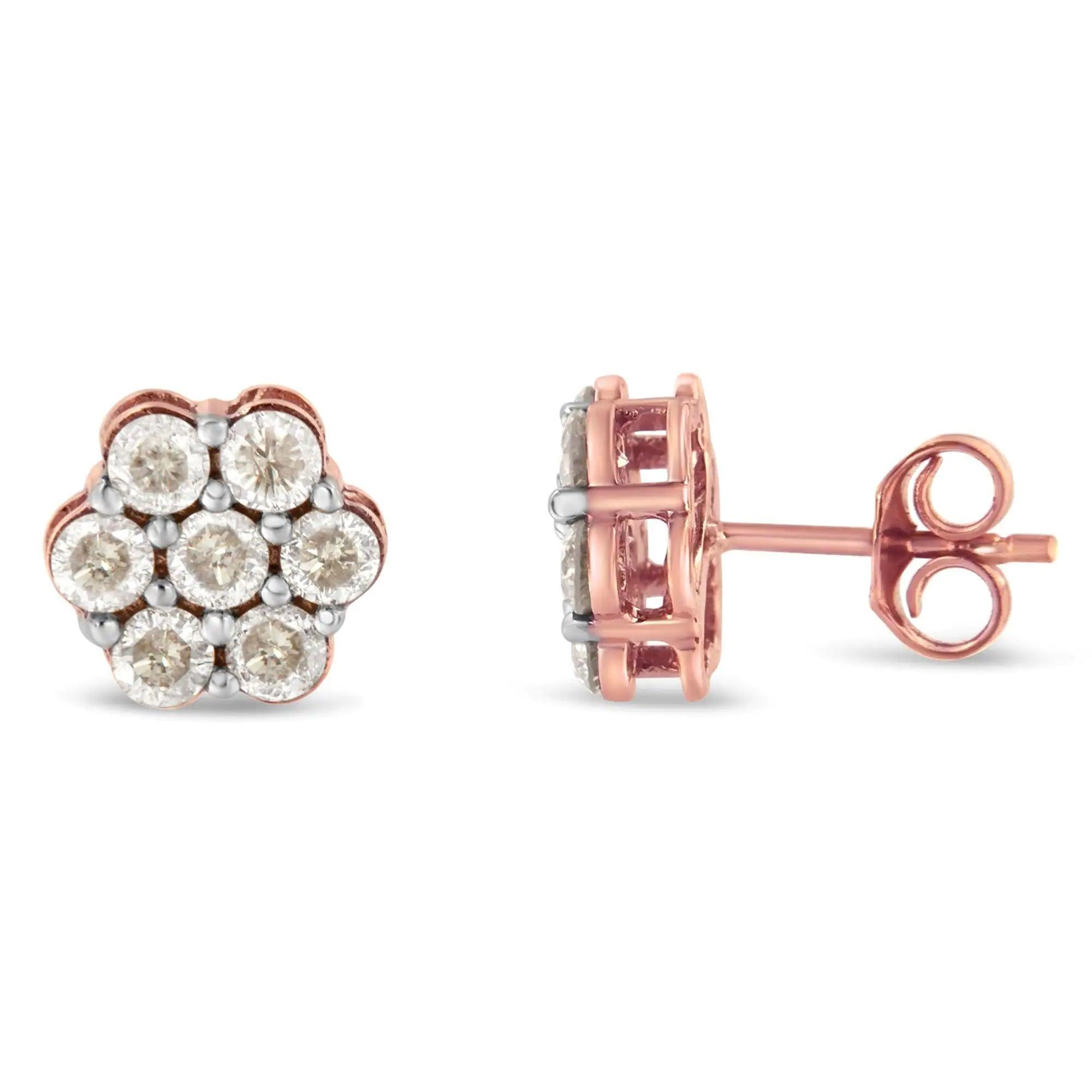 10K Rose Gold Diamond Floral Stud Earrings (1 cttw, J-K Color, I1-I2 Clarity) - Evallys.com # #