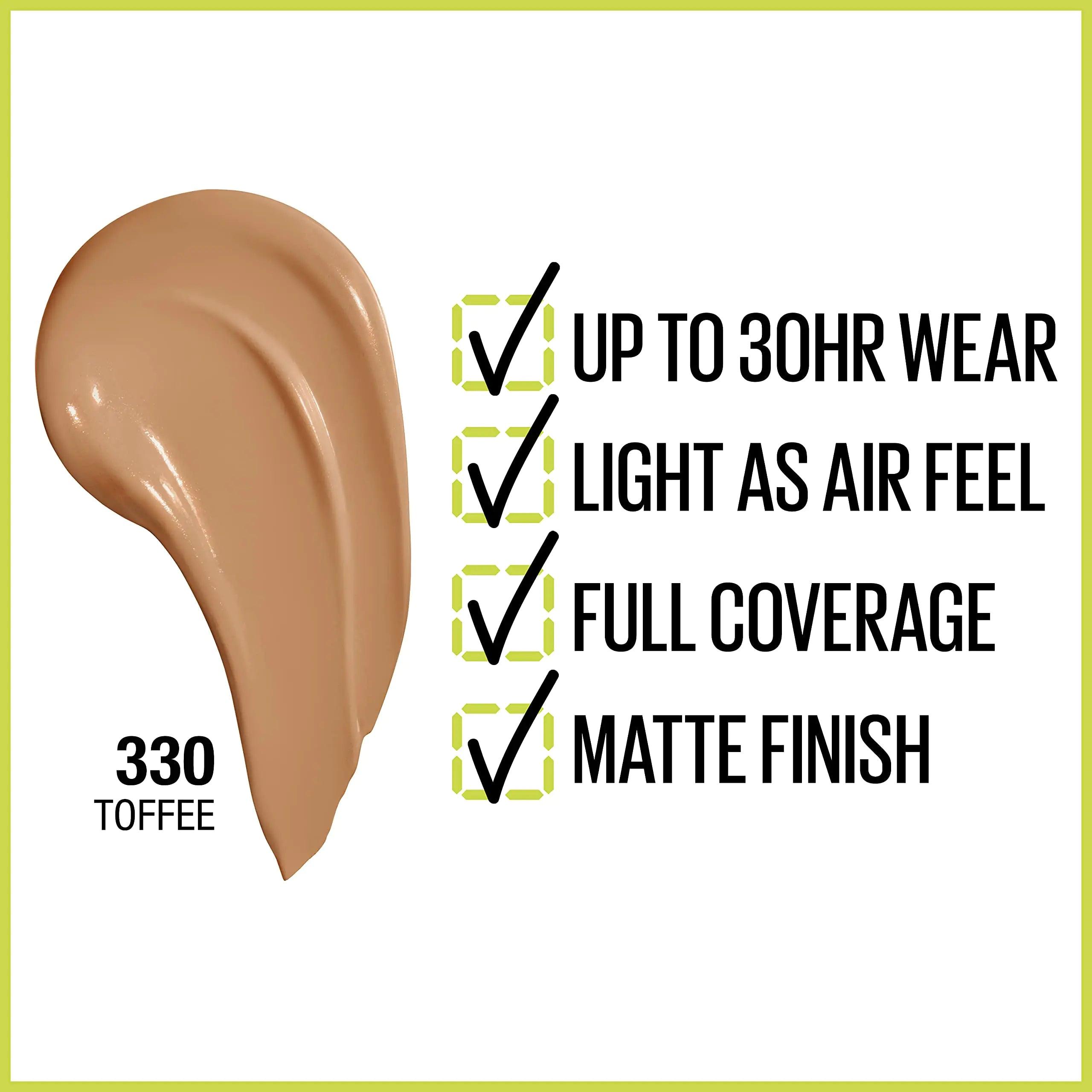 Maybelline Super Stay Full Coverage Liquid Foundation Active Wear Makeup, Up to 30Hr Wear, Transfer, Sweat & Water Resistant, Matte Finish, Toffee, 1 Count 330 TOFFEE 1 Fl Oz (Pack of 1) - Evallys.com # #