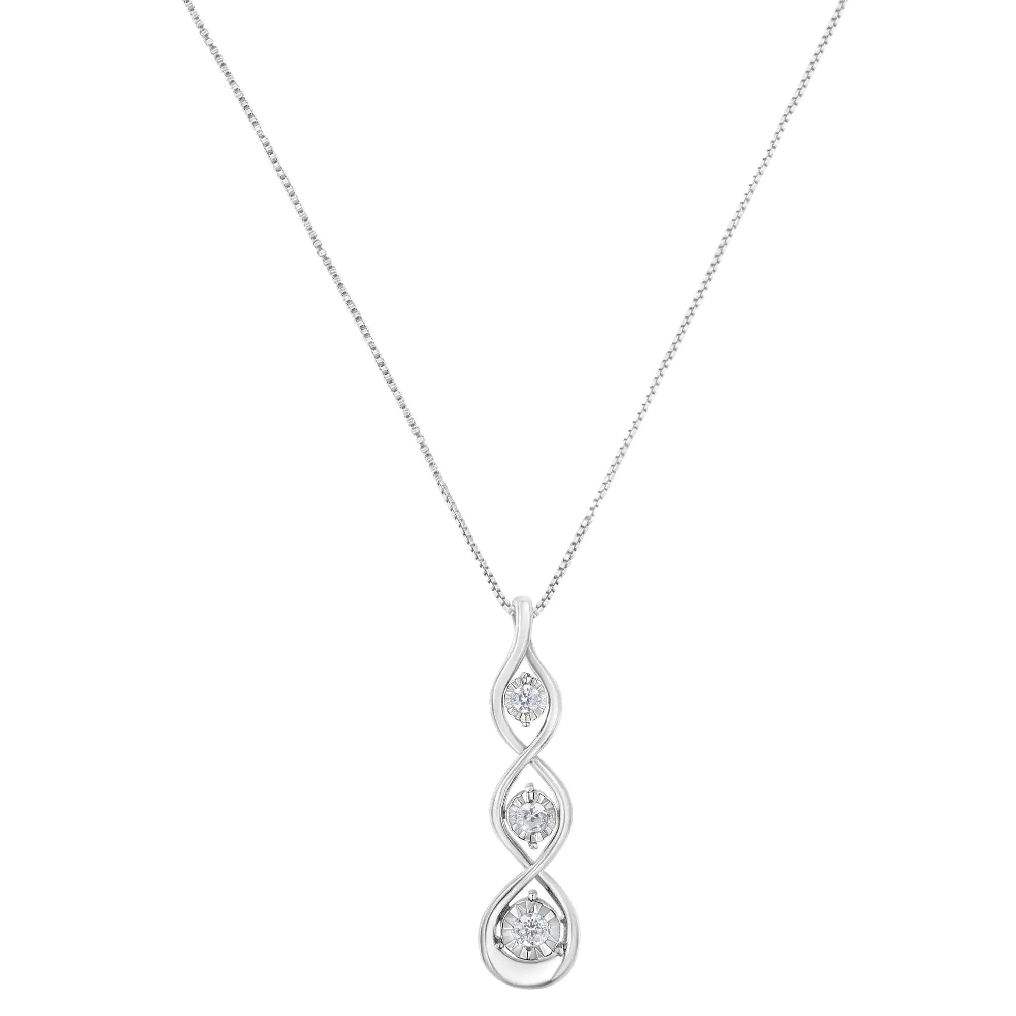 10K White Gold 1/4 cttw 3-Stone Diamond Drop Twisted Pendant Necklace (I-J, I2-I3) - Evallys.com # #