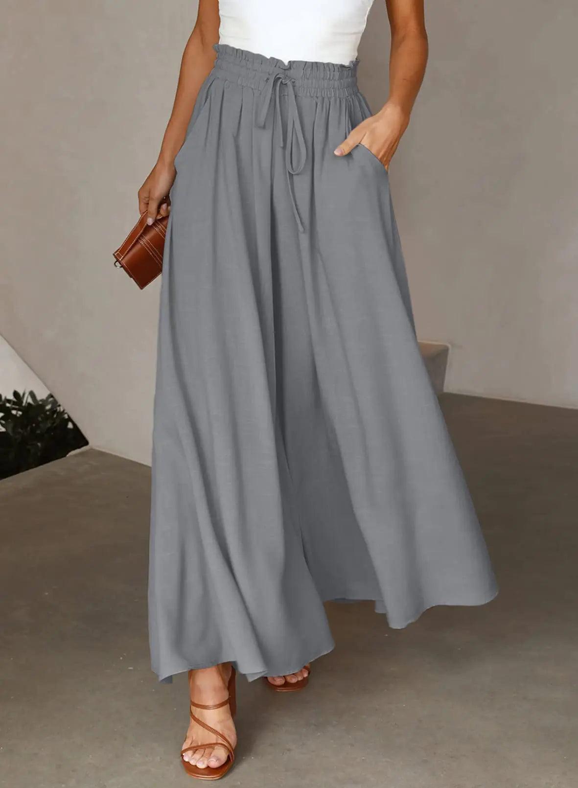 Dokotoo Pants for Women Casual Elastic Waist Wide Leg Pants with Pockets X-Large 1 Gray - Evallys.com # #