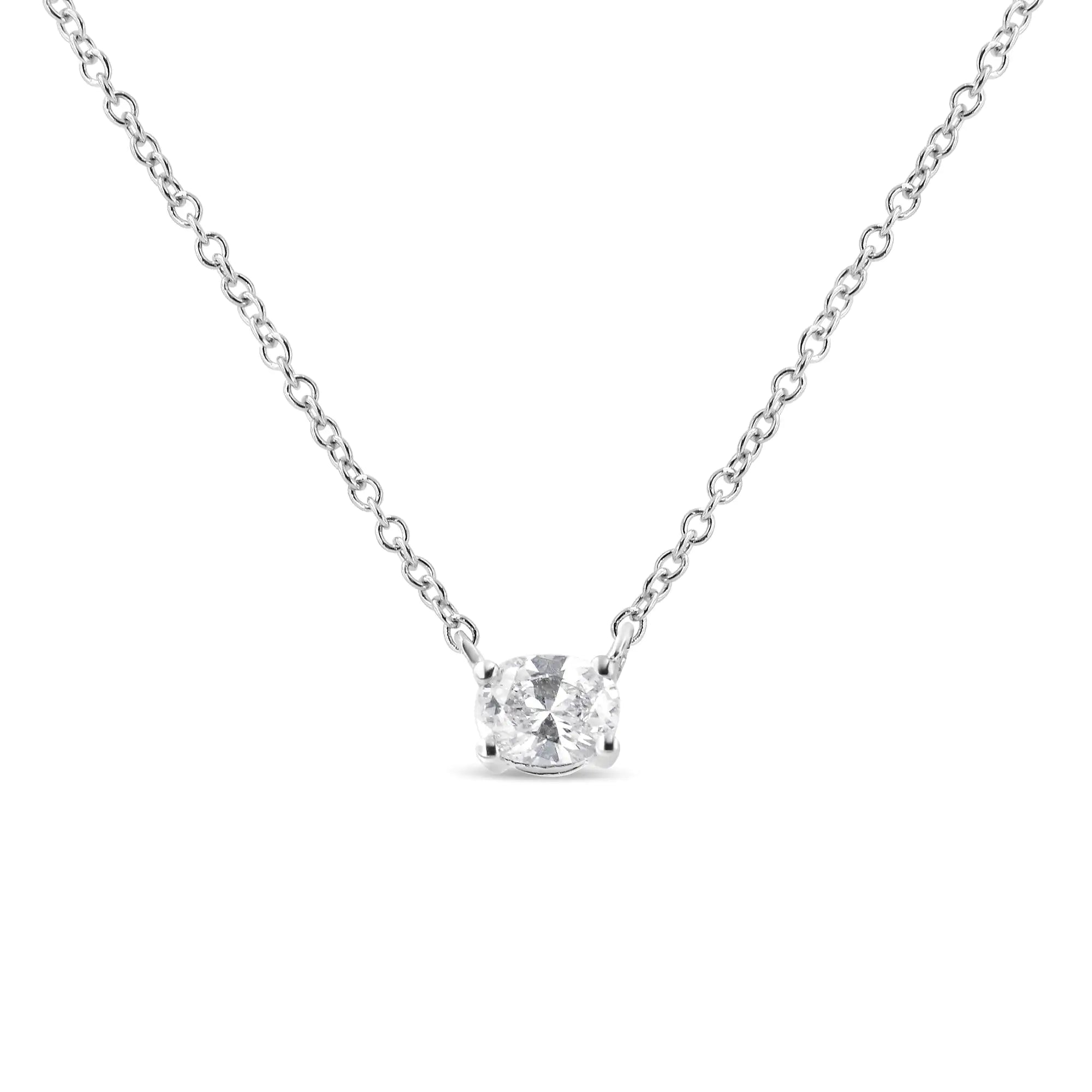 14K White Gold 1/5 Cttw Oval Shape Solitaire Diamond East West 18" Pendant Necklace (G-H Color, VS2-SI1Clarity) - Evallys.com # #