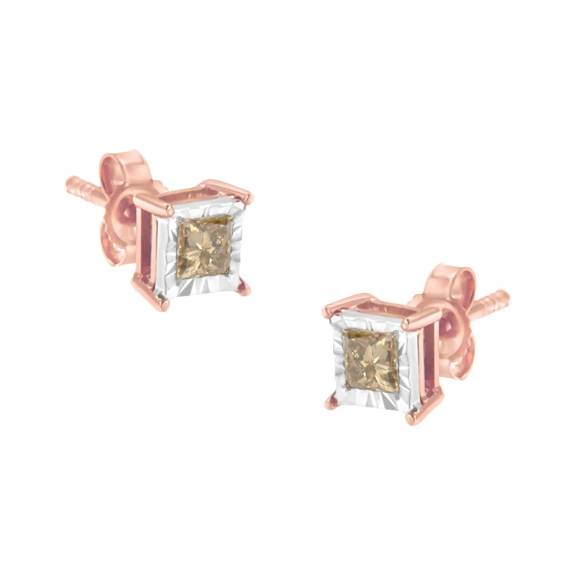 14K Rose Gold Plated Two-Tone .925 Sterling Silver 1/2 Cttw Princess-Cut Square Diamond Solitaire Miracle-Plate Stud Earrings (K-L Color, I2-I3 Clarity) - Evallys.com # #