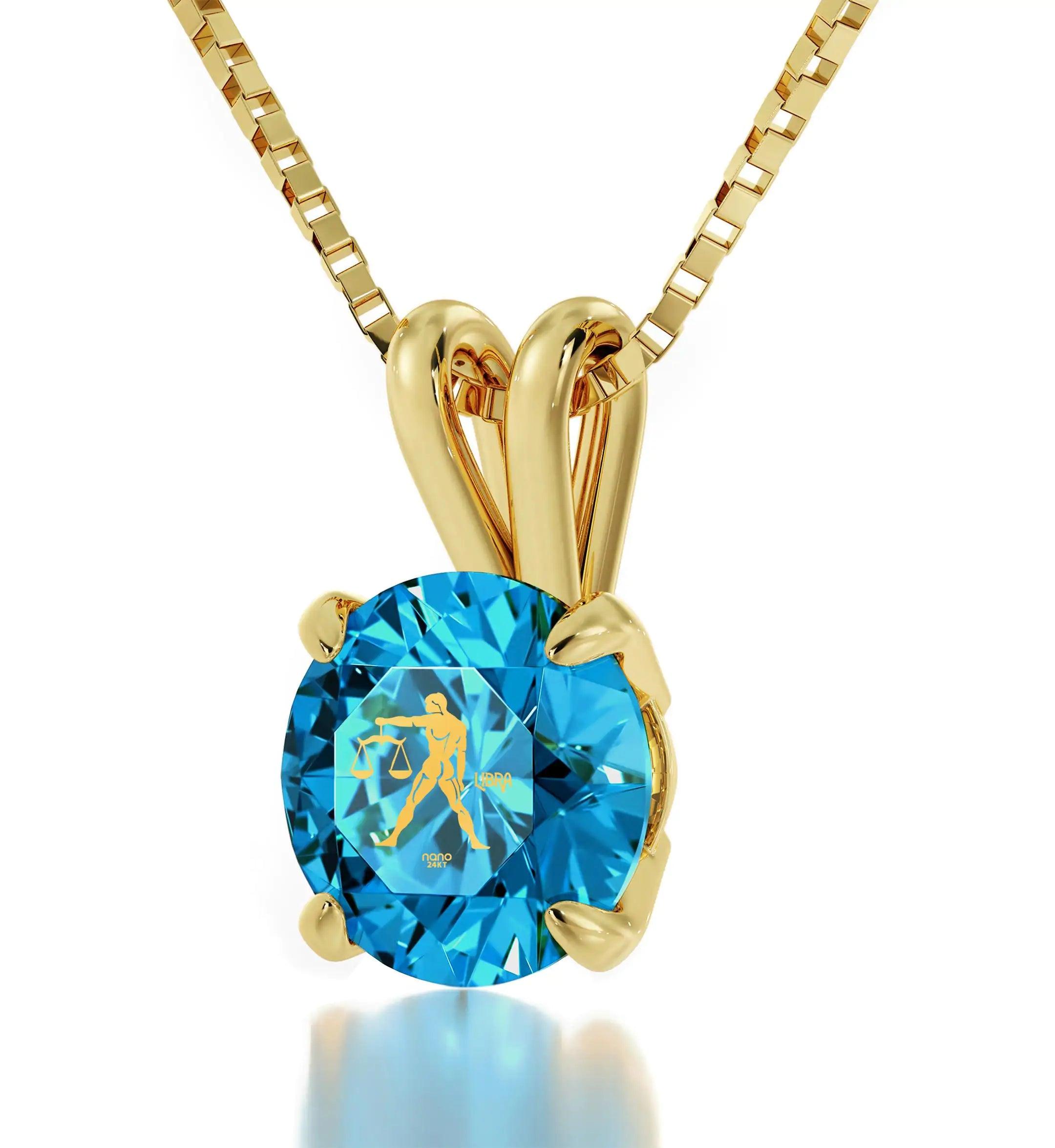 14k Yellow Gold Libra Necklace Zodiac Pendant 24k Gold Inscribed on Crystal - Evallys.com # #