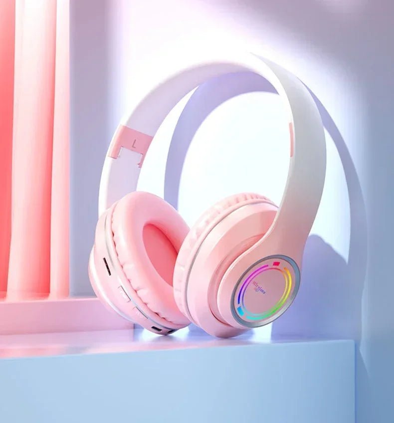 RGB Bluetooth Wireless Headphones For Girls Children's Headset with Microphone Support SD Card HIFi Stereo Gaming Earphone - Evallys.com