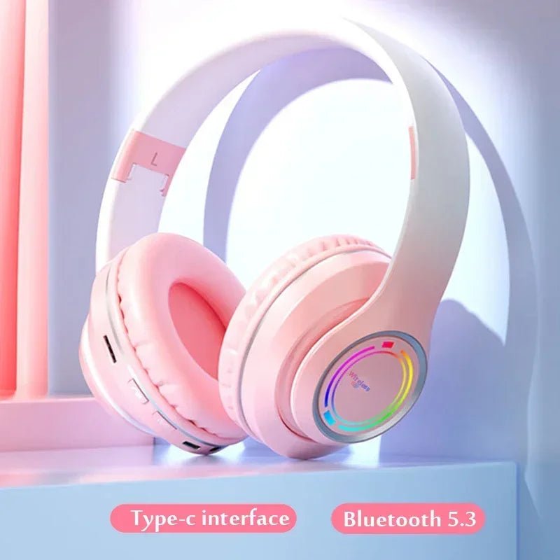RGB Bluetooth Wireless Headphones For Girls Children's Headset with Microphone Support SD Card HIFi Stereo Gaming Earphone - Evallys.com