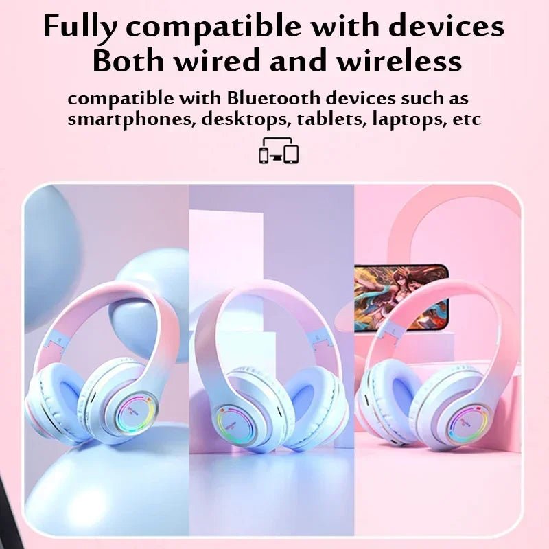 RGB Bluetooth Wireless Headphones For Girls Children's Headset with Microphone Support SD Card HIFi Stereo Gaming Earphone - Evallys.com