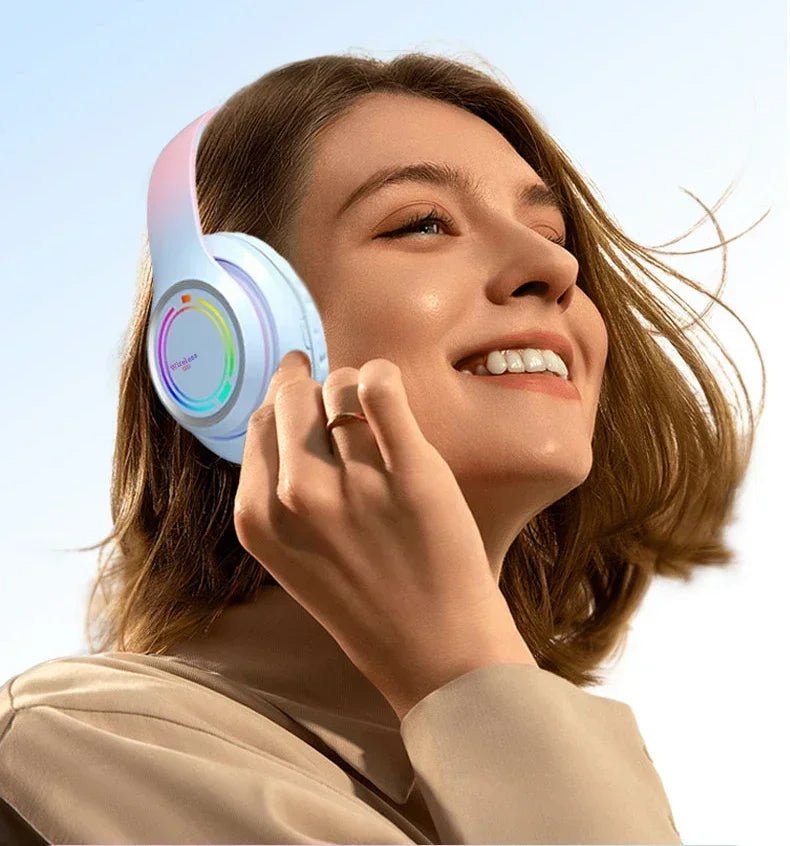 RGB Bluetooth Wireless Headphones For Girls Children's Headset with Microphone Support SD Card HIFi Stereo Gaming Earphone - Evallys.com
