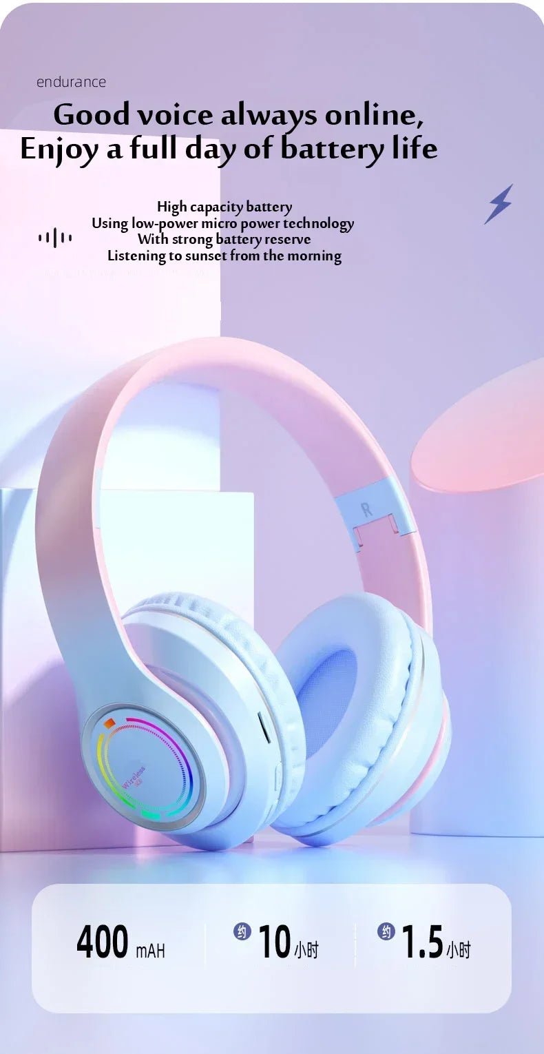 RGB Bluetooth Wireless Headphones For Girls Children's Headset with Microphone Support SD Card HIFi Stereo Gaming Earphone - Evallys.com