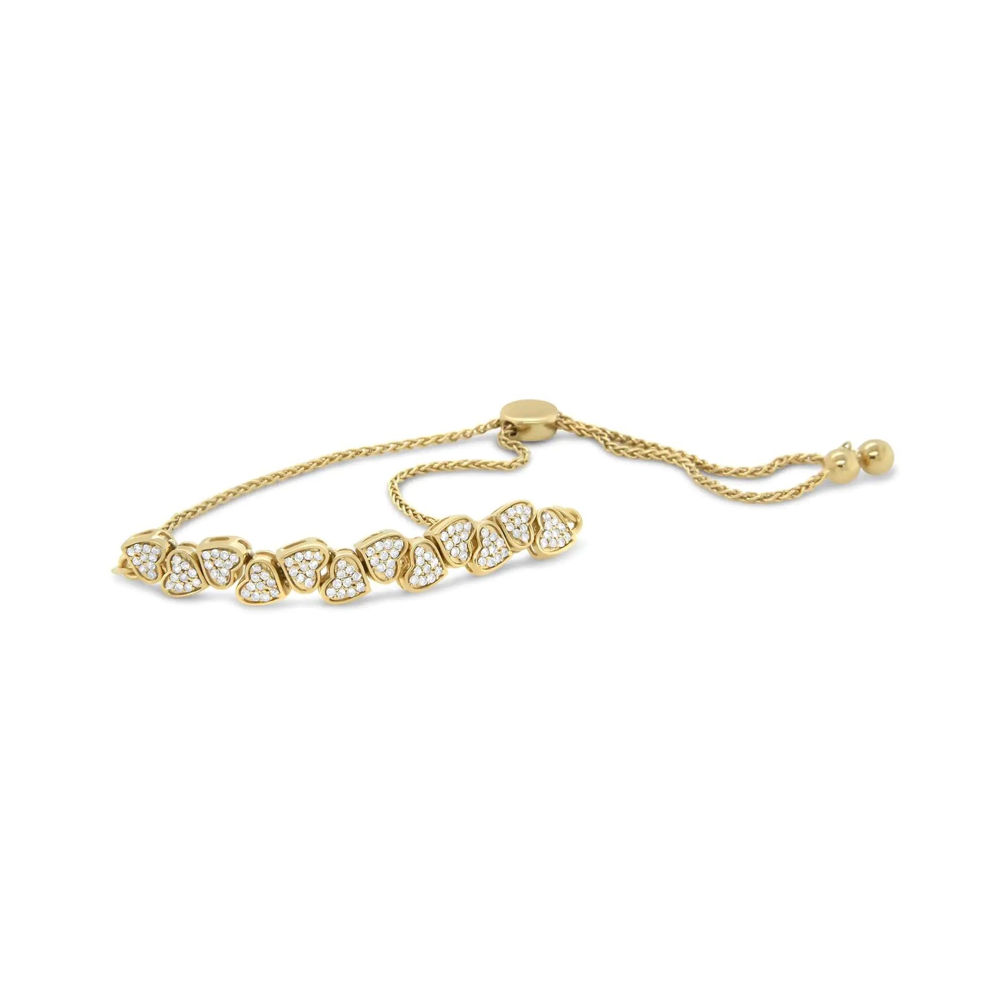 Yellow Gold Plated .925 Sterling Silver 1/2 Cttw Diamond Sideways Hearts Bolo Bracelet (H-I Color, I1-I2 Clarity) - 4”-10” Adjustable - Evallys.com # #