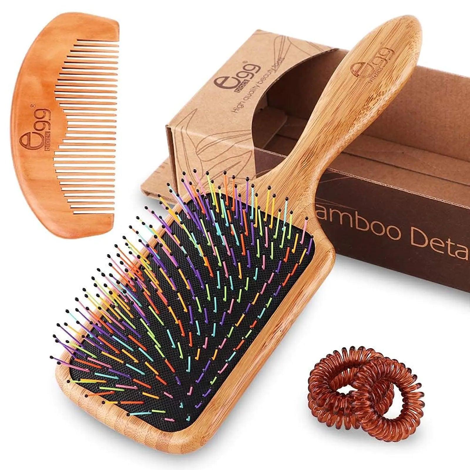 BLACK EGG Paddle Detangling Hair Brush for Women Girls, Rainbow Nylon Brush for Thick Thin Curly Hair, Includes Wooden Detangler Comb and 3 Hair Ties - Evallys.com # #