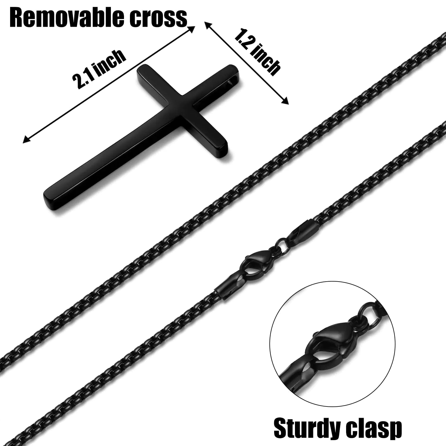 Fiusem Cross Necklace for Men, Silver/Gold/Black Mens Cross Necklaces with 2.5mm Cross Chain and Stainless Steel Cross Pendant, Box Chain 16-24 Inch 22.0 Inches Big black cross: 2.1