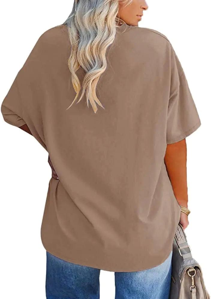 Women's Plus Size V Neck T Shirts Summer Half Sleeve Tees Casual Loose Fit Cotton Tunic Tops XX-Large Plus Khaki - Evallys.com # #