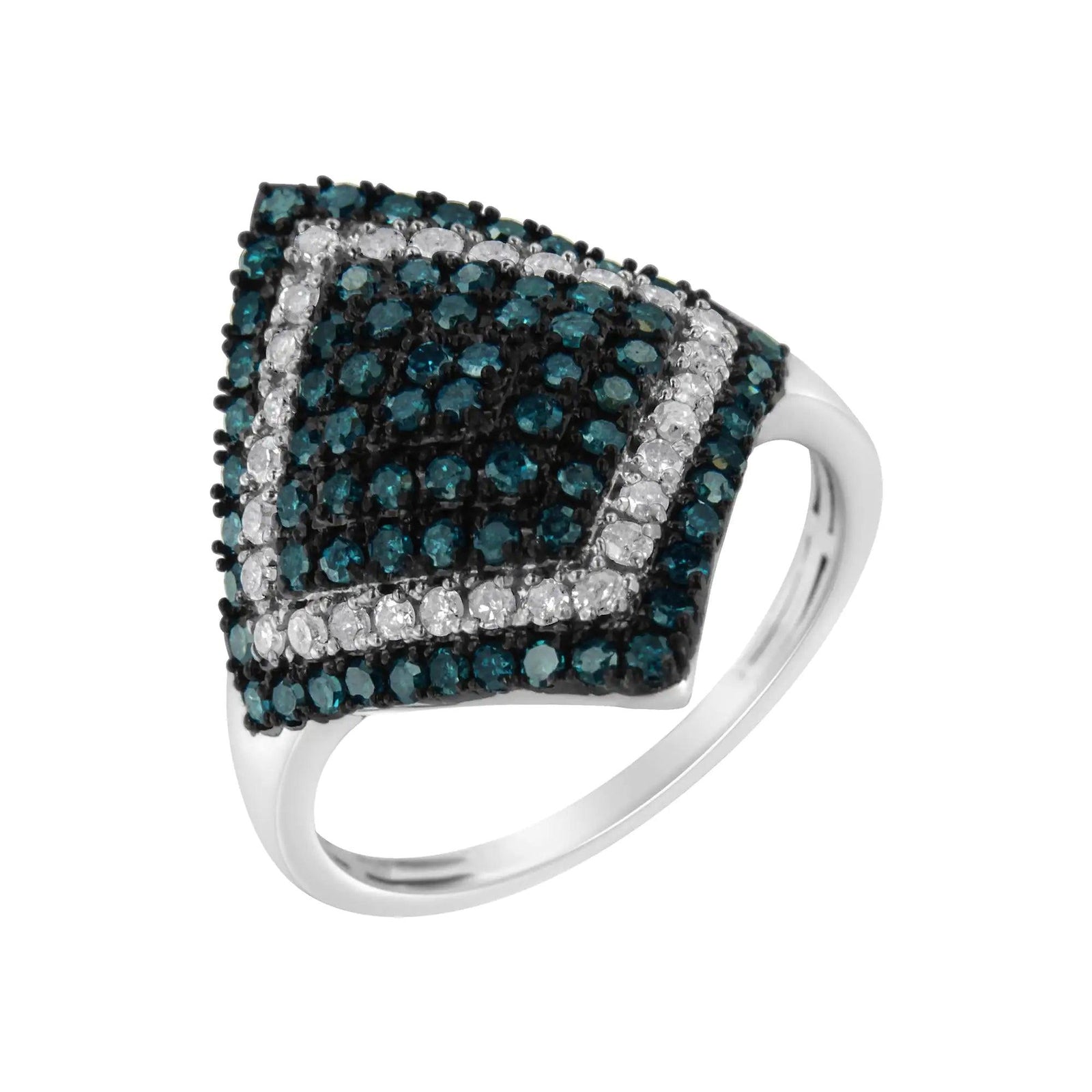 .925 Sterling Silver 1 cttw White and Treated Blue Diamond Rhombus Cocktail Ring (Blue, I3) - Evallys.com # #