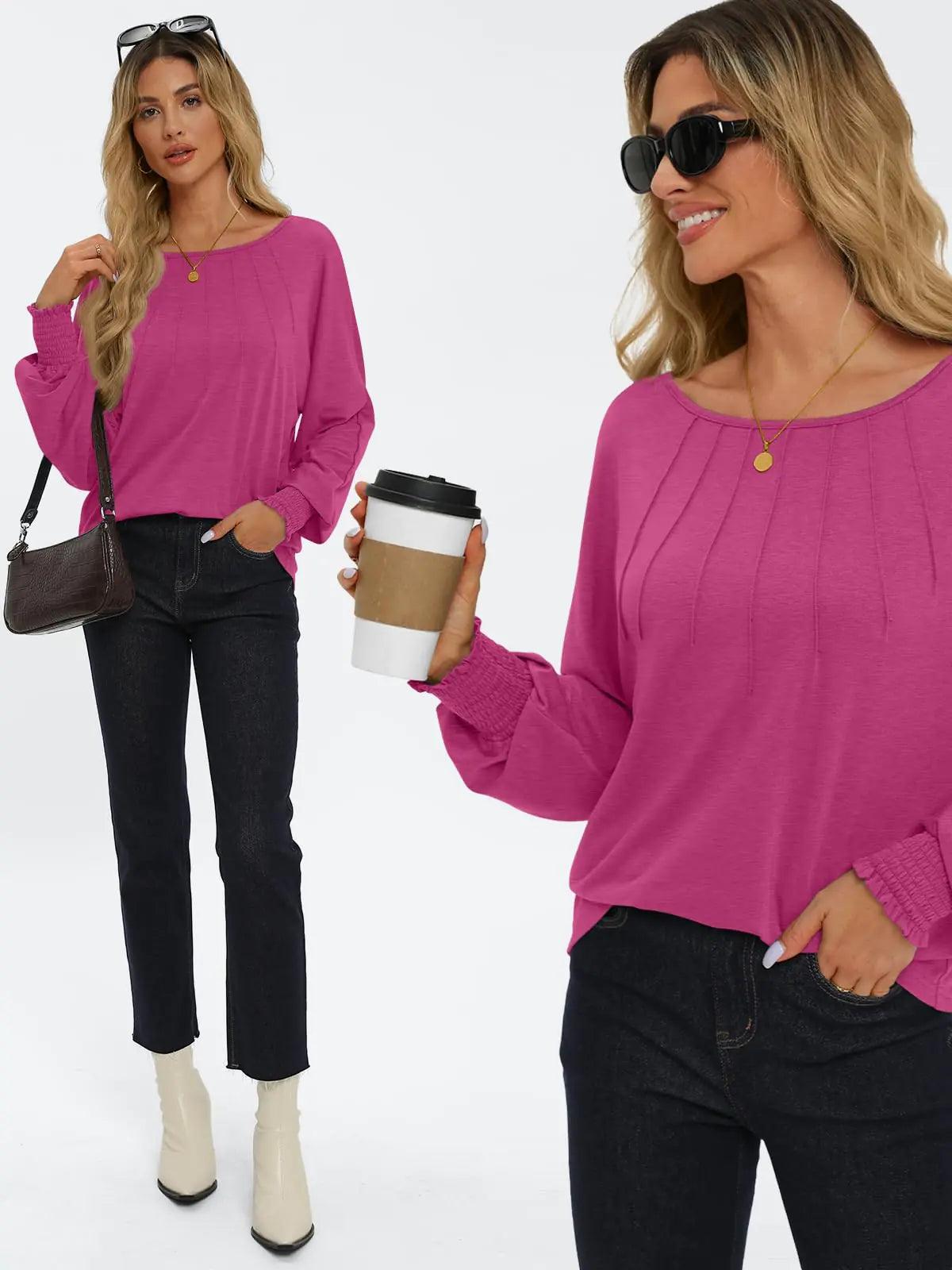 AUTOMET Womens Fall Fashion Long Sleeve Shirts Fall Tops Pleated Shirts Casual Loose Dressy Basic Trendy Clothes 2024 Hot Pink Large - Evallys.com # #