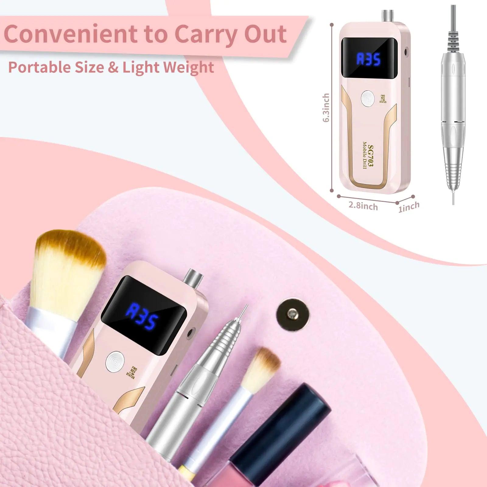 Portable Nail Drill Professional 35000 RPM, Rechargeable Electric Nail File Machine E File for Acrylic Nails Gel Polishing Removing, Cordless Efile with Bits Kit for Manicure Salon Home, Pink - Evallys.com # #