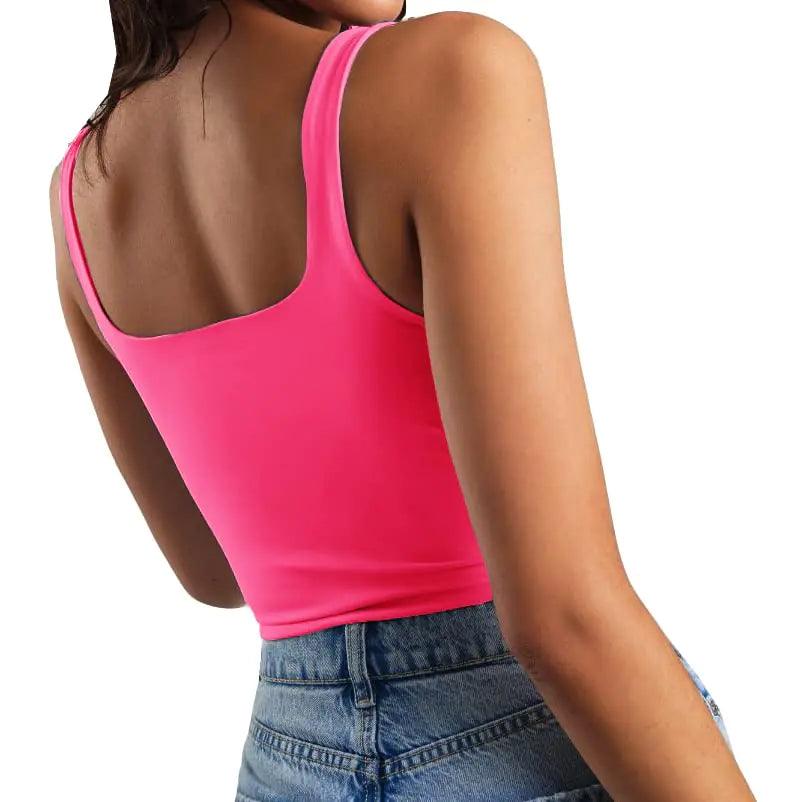 Artfish Women's Sleeveless Strappy Tank Square Neck Double Layer Workout Fitness Casual Basic Crop Tops X-Small Fluo Red - Evallys.com # #