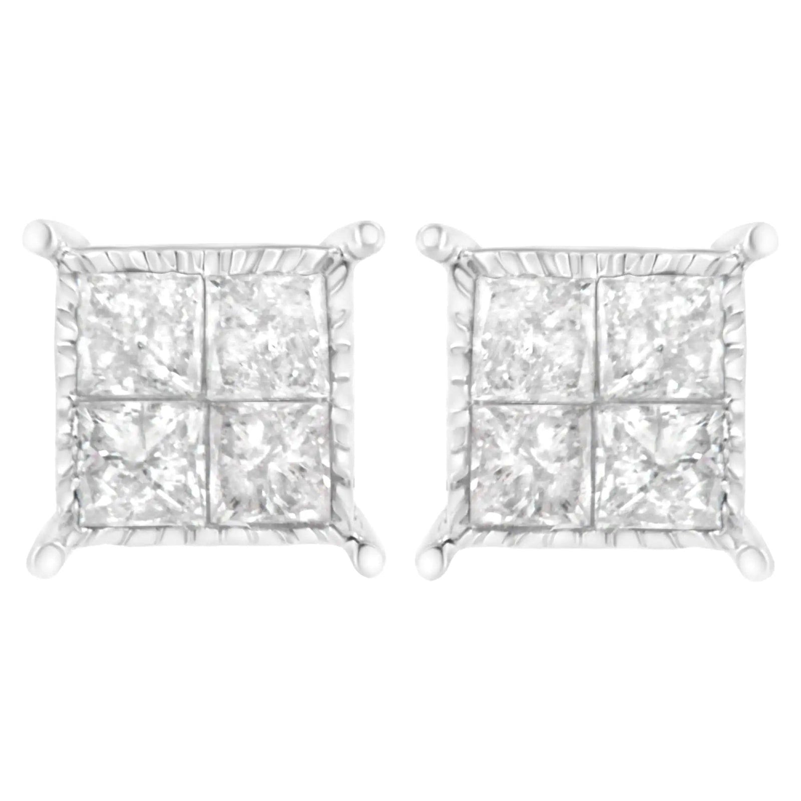 10K White Gold Square Earrings with Princess Cut Diamond (3/4 cttw, I-J Color, I2-I3 Clarity) - Evallys.com # #