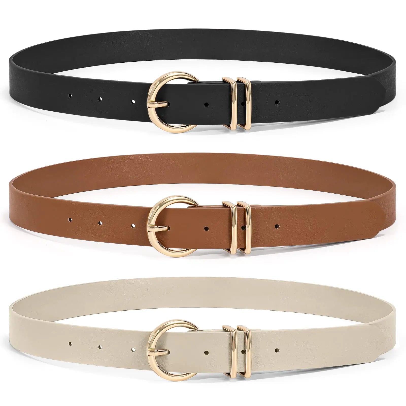 XZQTIVE 3 Pack Women Belts For Jeans Dresses Pants Ladies Leather Waist Belt with Gold Buckle 00 Black+brown+beige Fit Pant 25-30in - Evallys.com # #