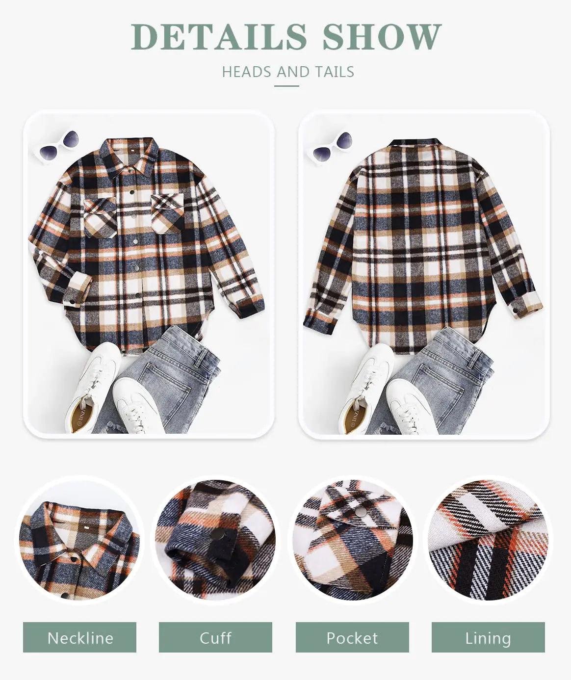 Beaully Women's Flannel Plaid Shacket Long Sleeve Button Down Shirts Jacket Coats with Side Pockets Orange X-Large - Evallys.com # #