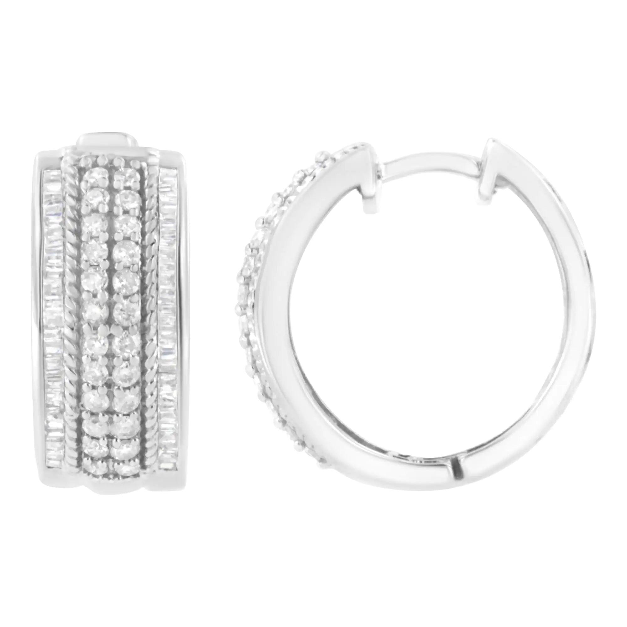 .925 Sterling Silver 1.0 Cttw Round and Baguette-Cut Diamond Hoop Earring (H-I Color, I2-I3 Clarity) - Evallys.com # #