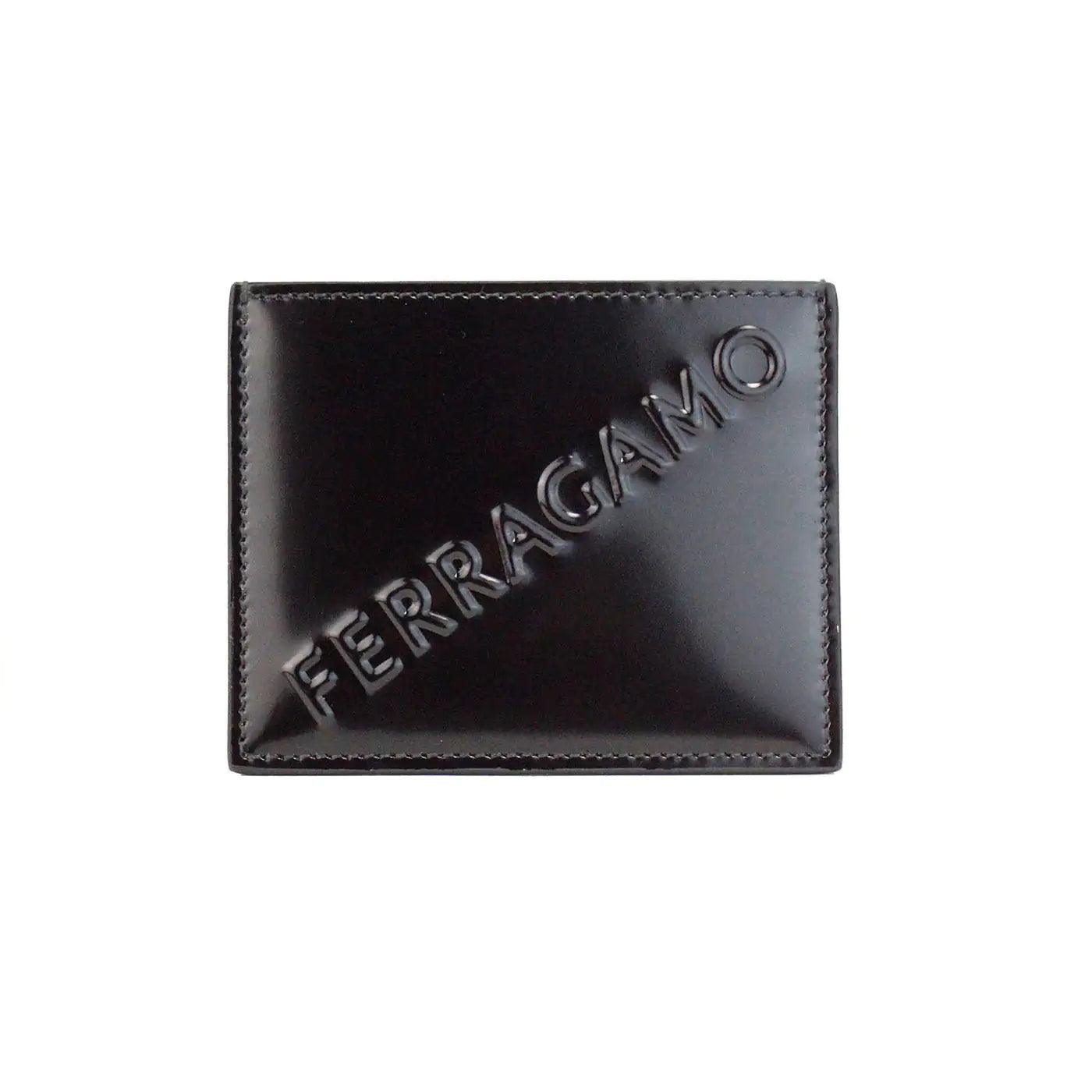 Salvatore Ferragamo Slim Black Embossed Patent Leather Card Case - Evallys.com # #