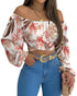 MIRACMODA Woman Off Shoulder Ruched Tie Back Crop Top Summer Lantern Sleeve Boho Shirt Blouse Large Leaves - Evallys.com # #